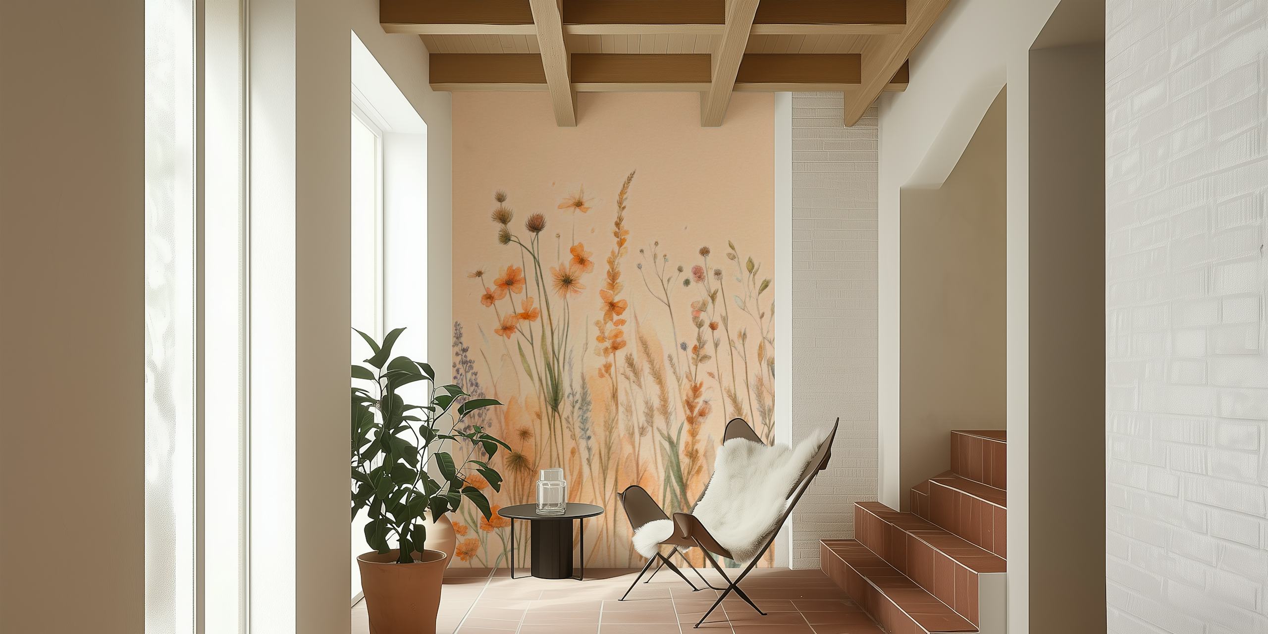 Floral arrangement with peach and orange flowers on pale background wallpaper