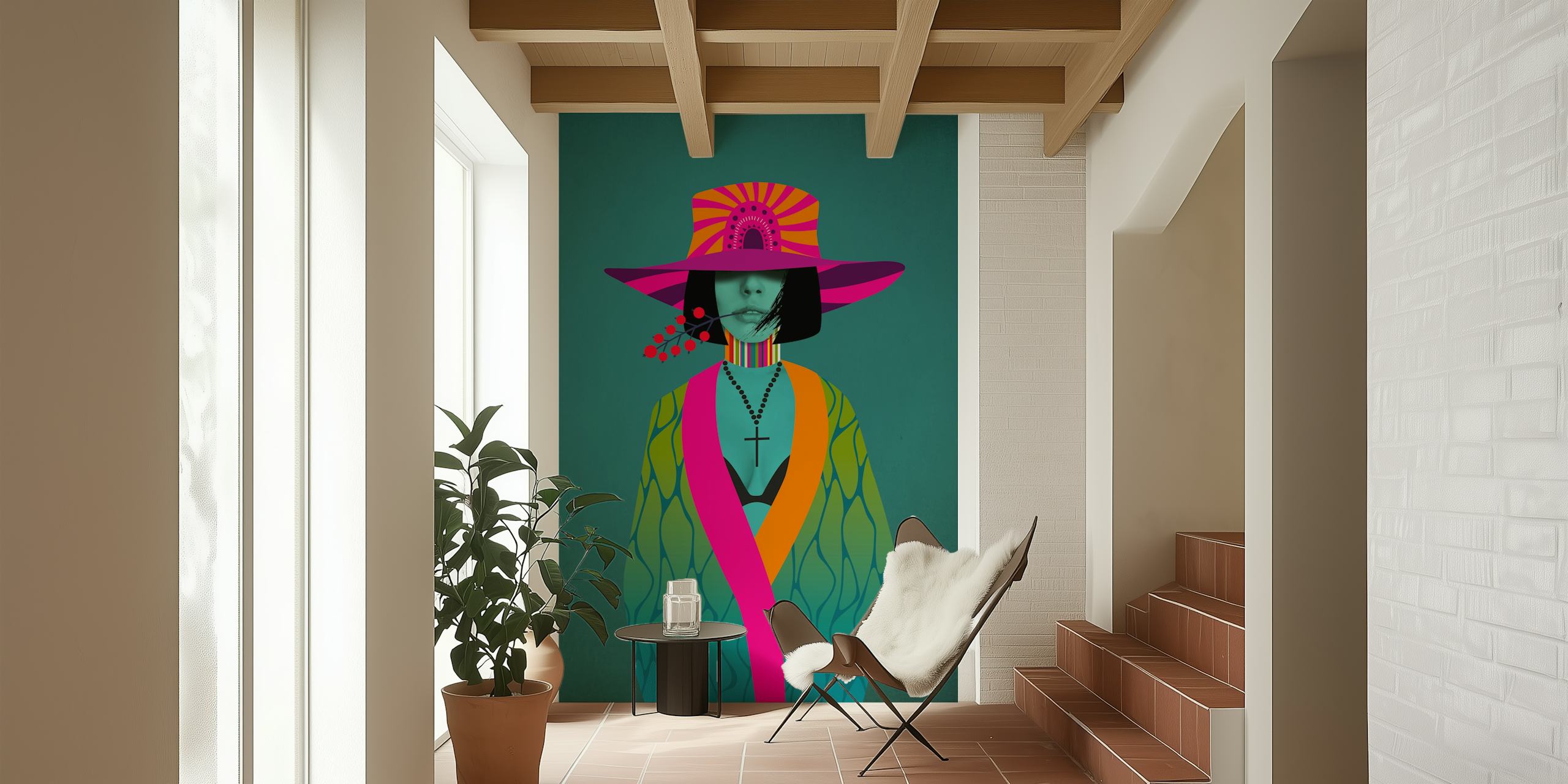 Boho Girl Neon Stella tapetti huoneessa
