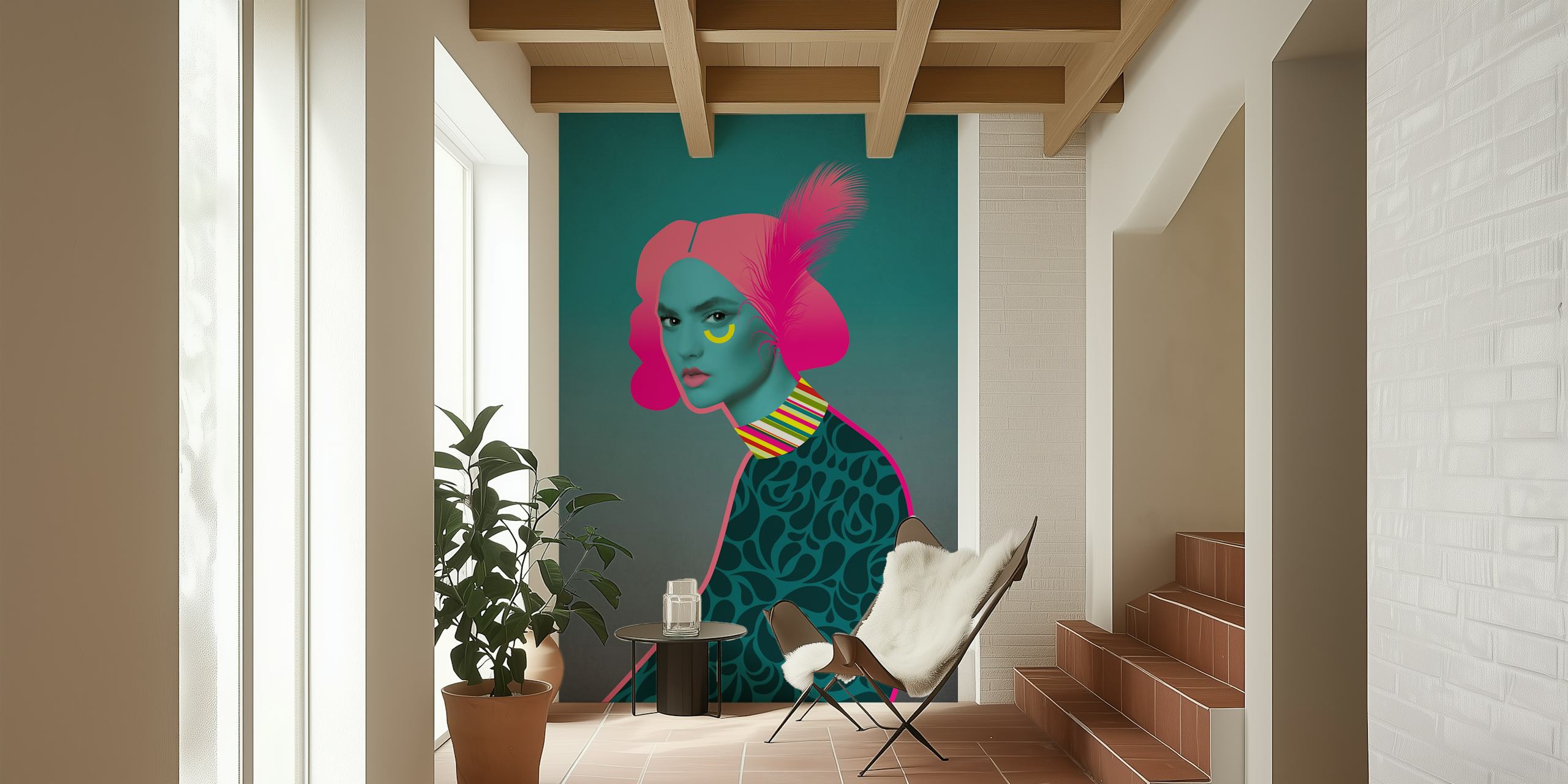 Carta da parati Neon Charly con ritratto stilizzato nei colori rosa e blu neon