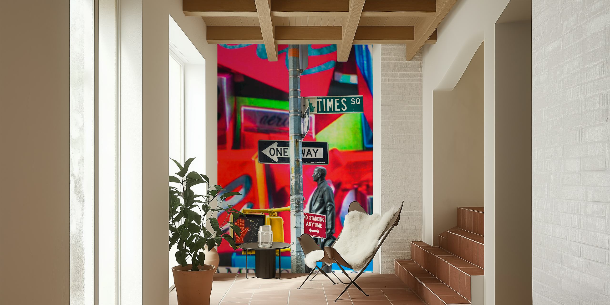 Colorful urban street art wallpaper featuring signage and a statue.