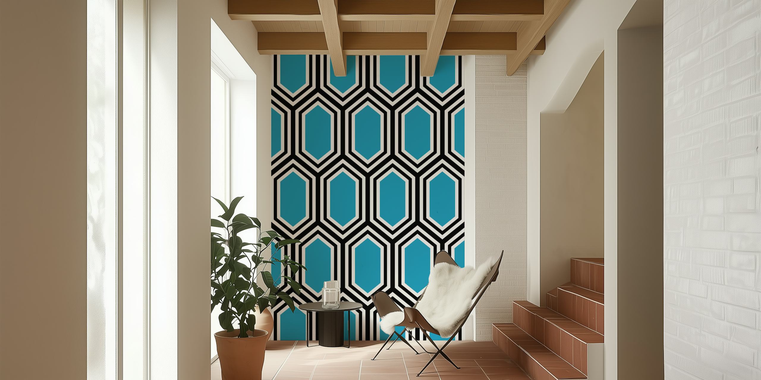 Turquoise hexagonal geometric pattern on black background wallpaper