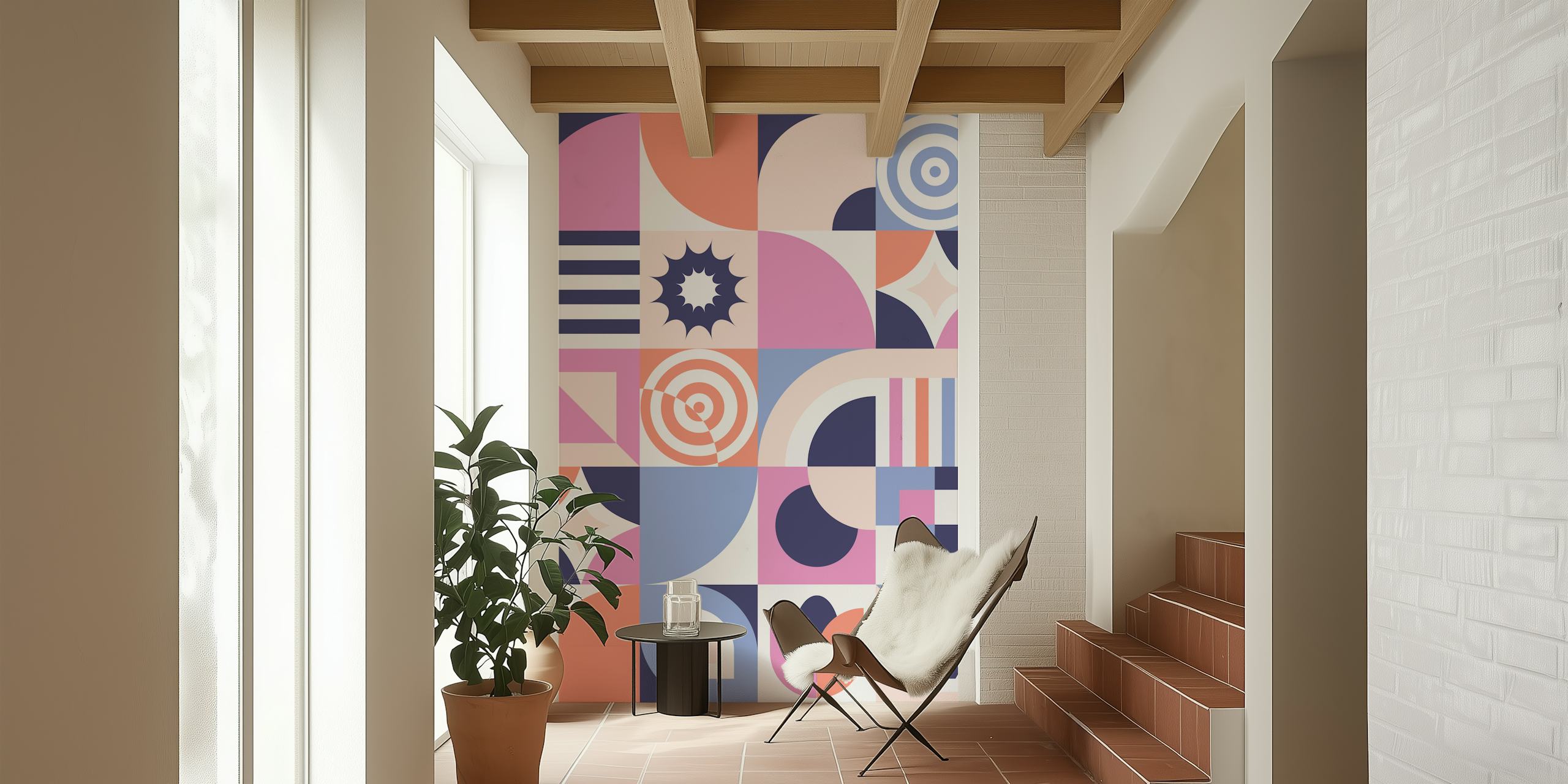 Colorful geometric shapes in pink, navy, and white wallpaper