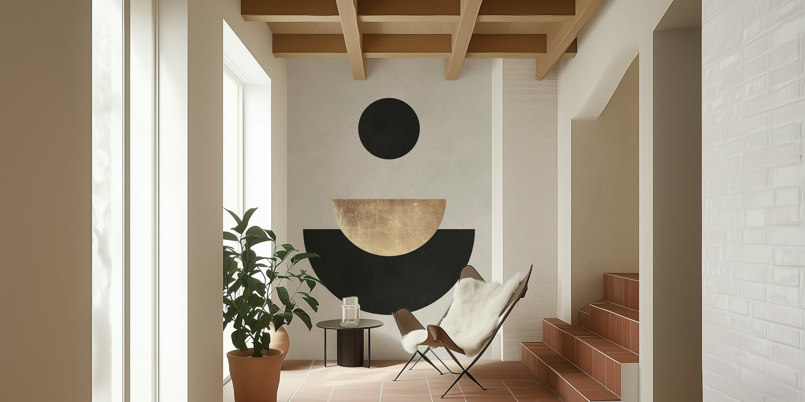 Geometric shapes in black and gold on a light wall wallpaper