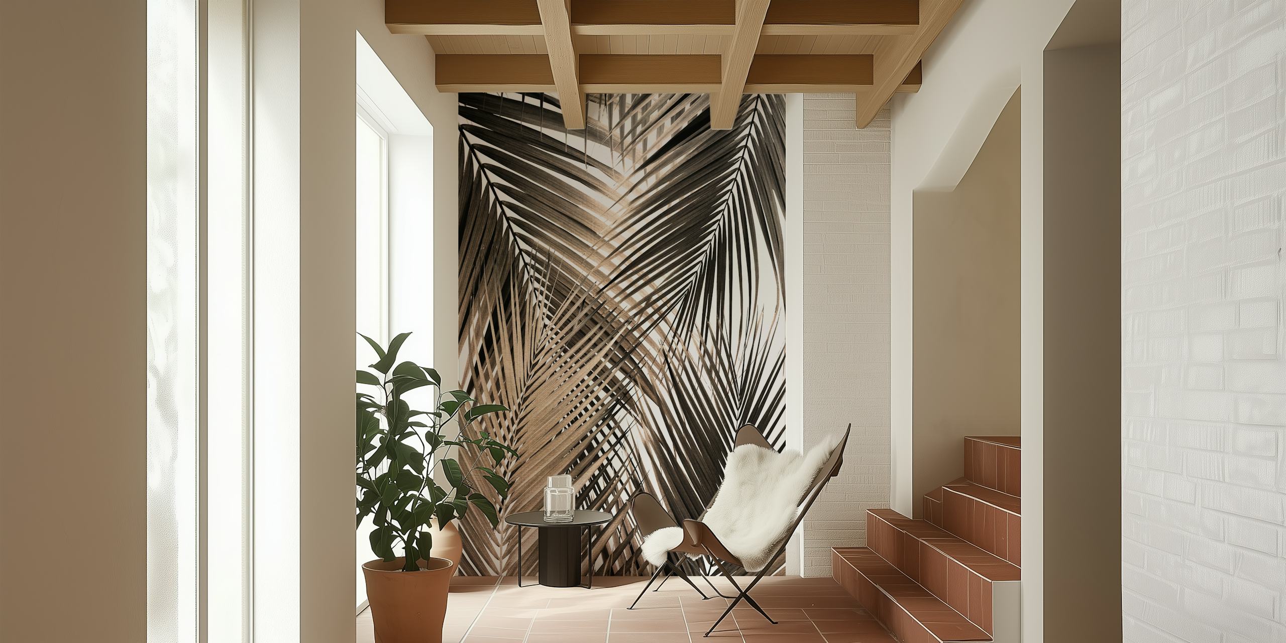 Tropical palm leaves in golden brown tones wallpaper