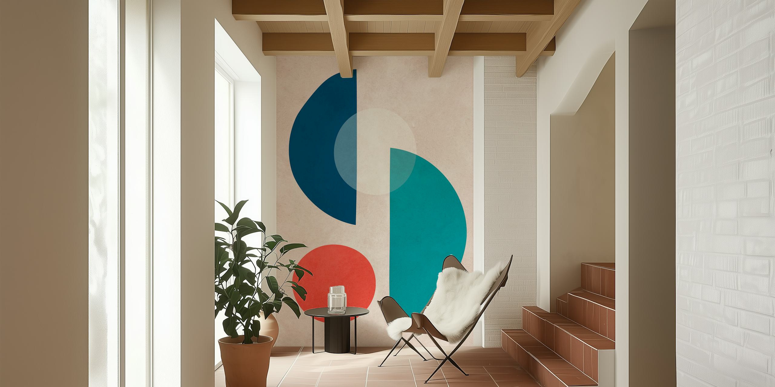 Geometric shapes in blue, teal, and red on textured background wallpaper
