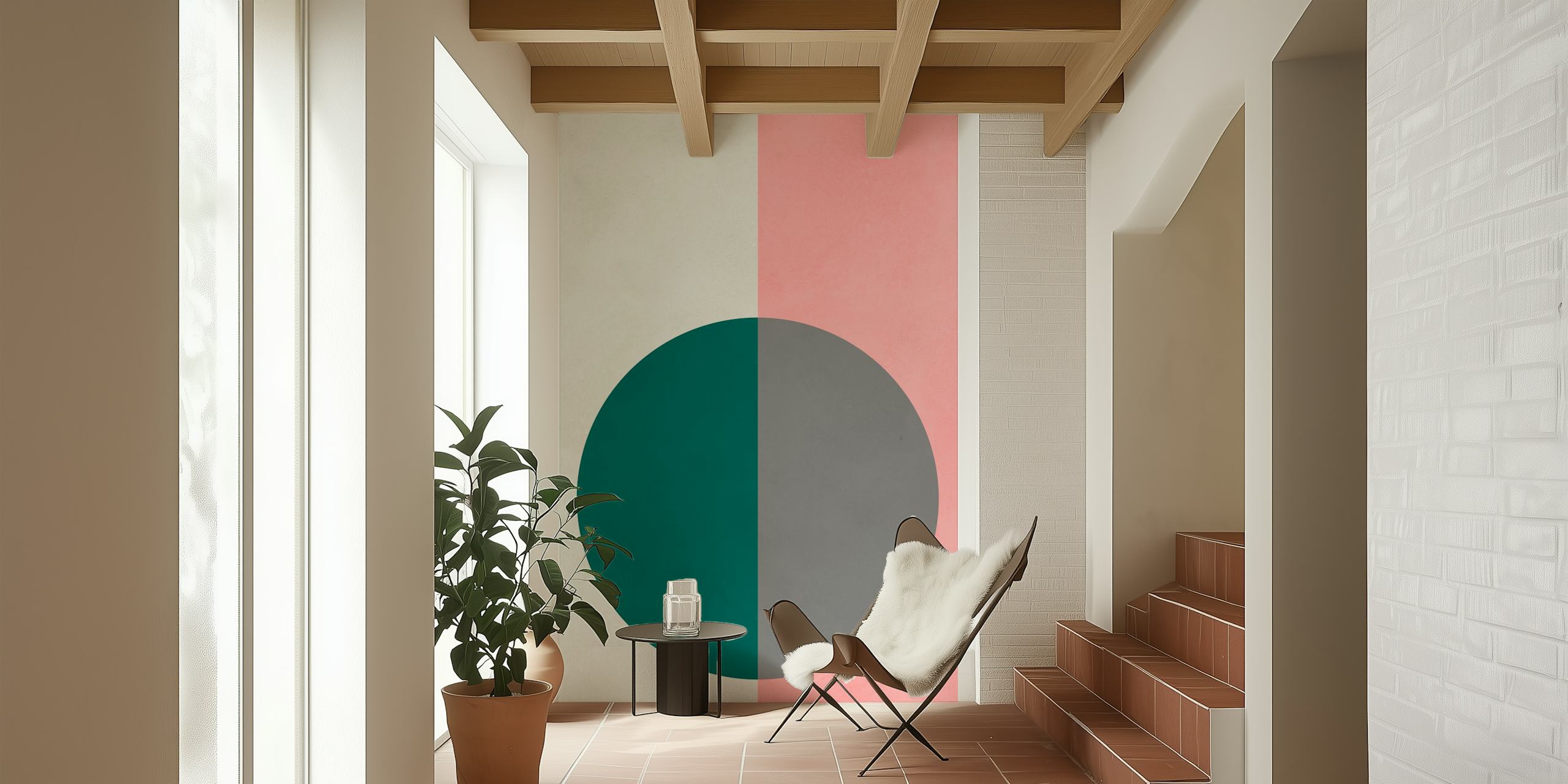 Contemporary and Modern 13 wall mural with geometric circle design in emerald green, grey, pink, and white