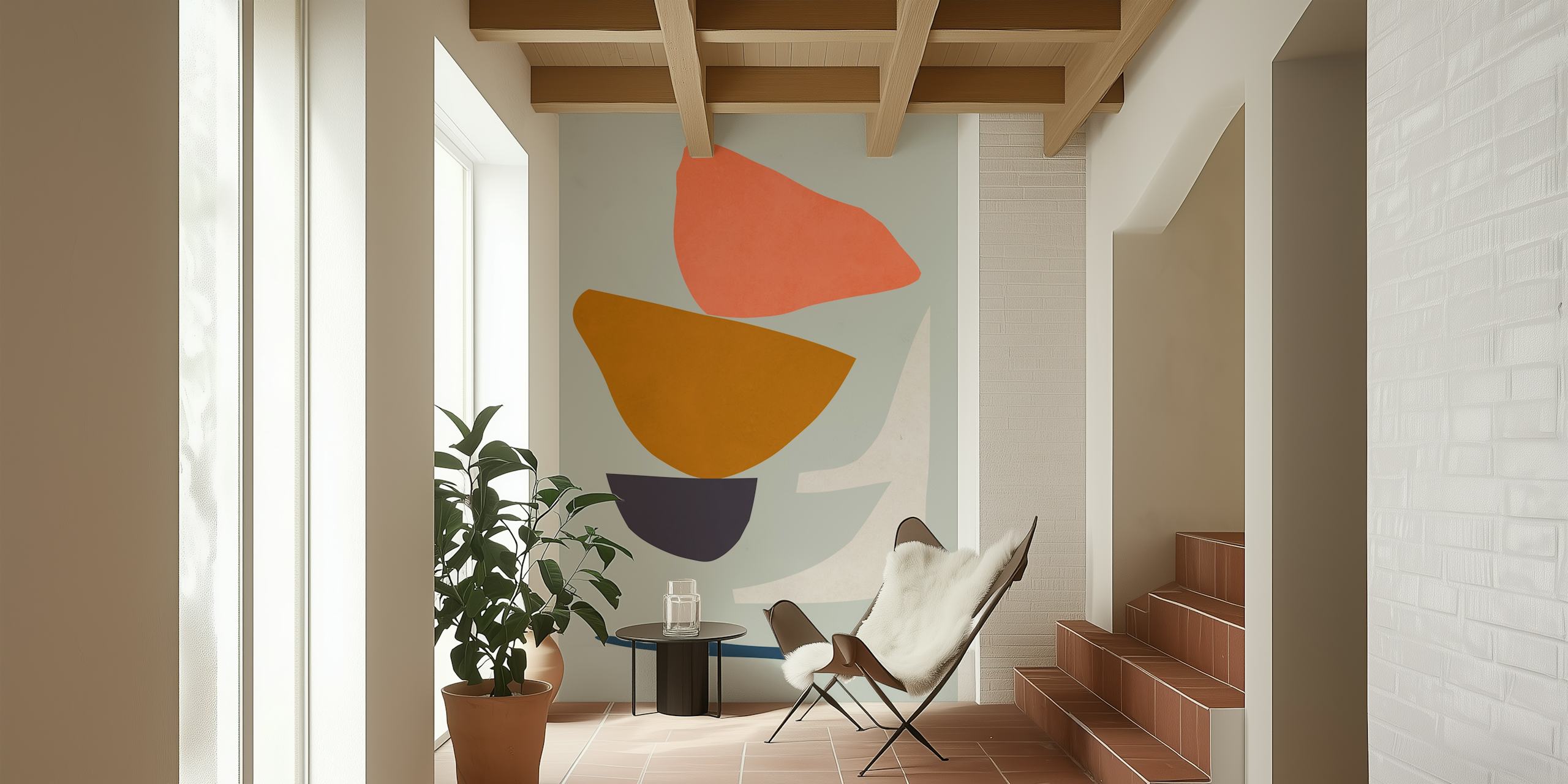 Abstract geometric shapes in orange, brown, navy, and white. Modern wallpaper.