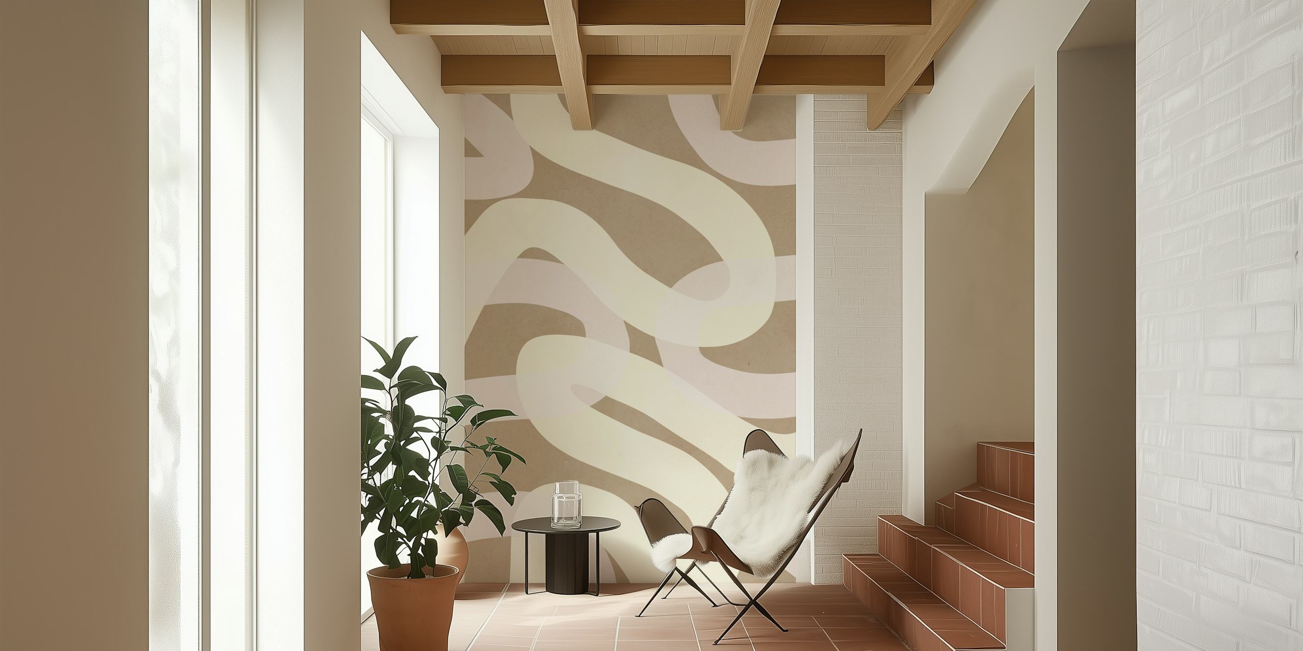 Beige abstract lines wallpaper in smooth flowing patterns