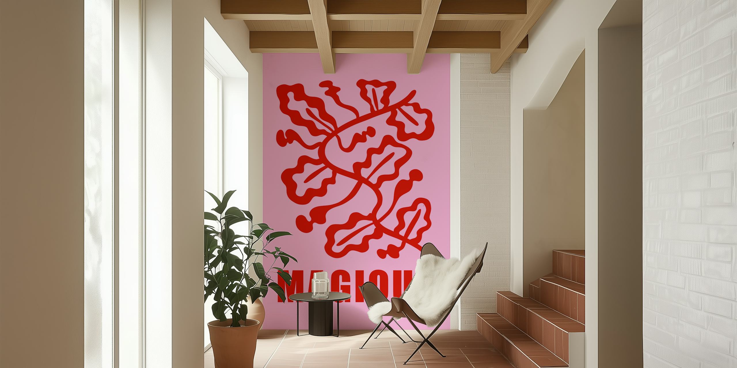 Red floral patterns on a pink background wallpaper