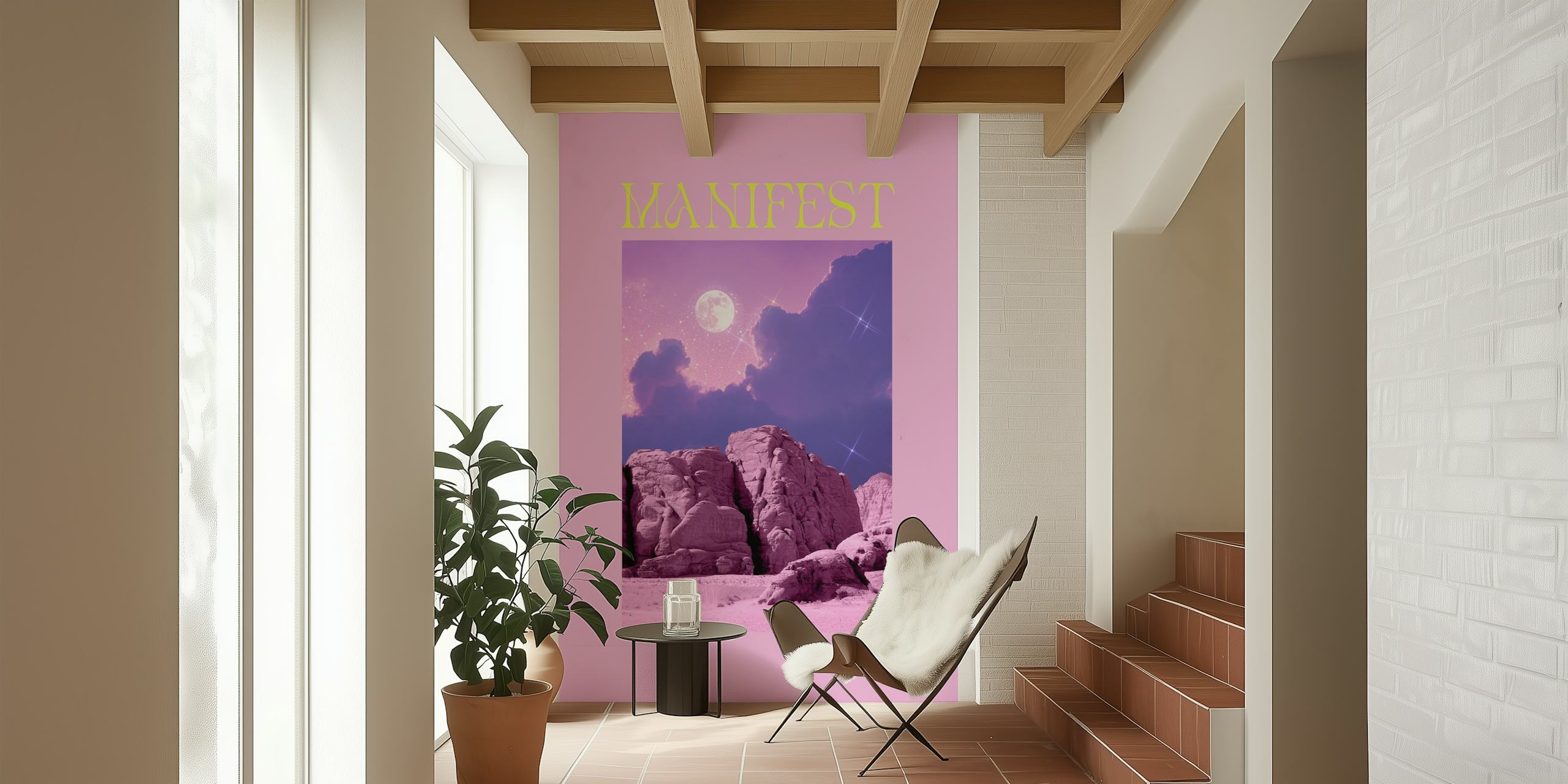 Celestial scene with moon and pink rocky landscape wallpaper