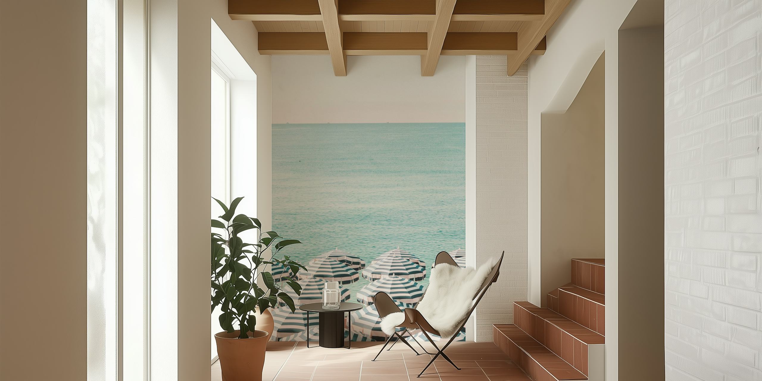 Beach scene with blue and white umbrellas