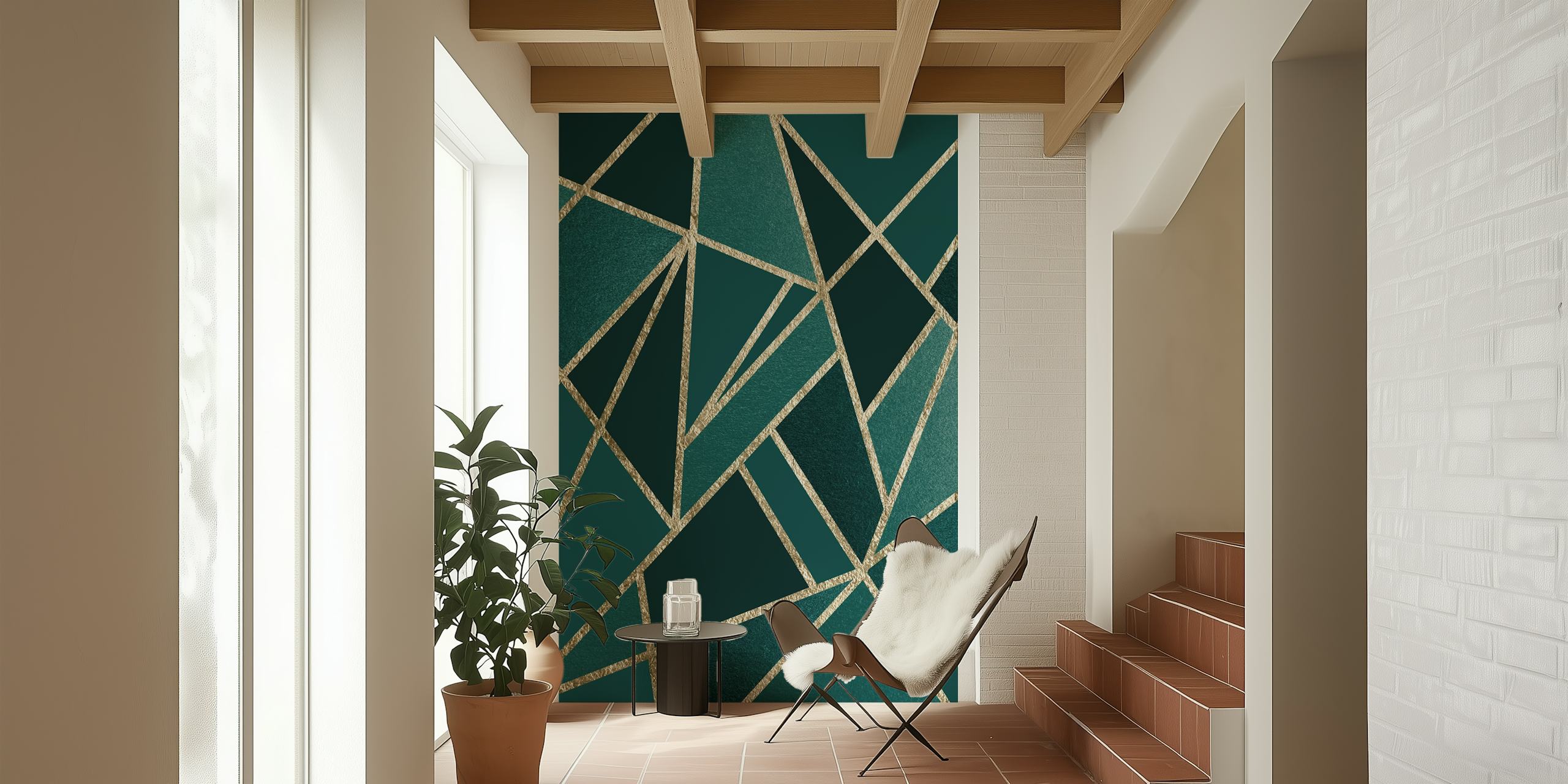 Papel de parede Teal Glam Gold Geo em um quarto