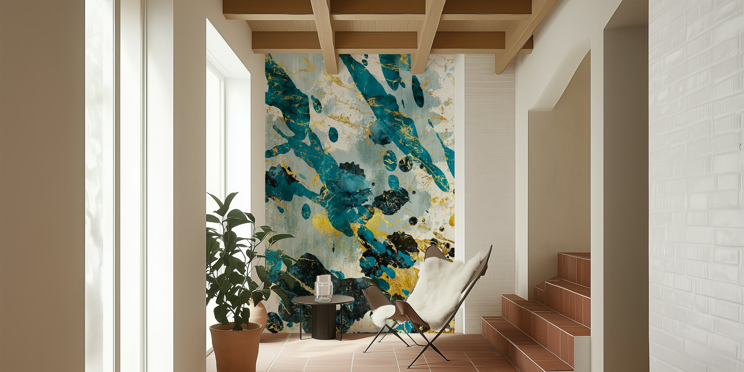 Elegante mural de pared abstracto en azul y dorado con detalles metálicos