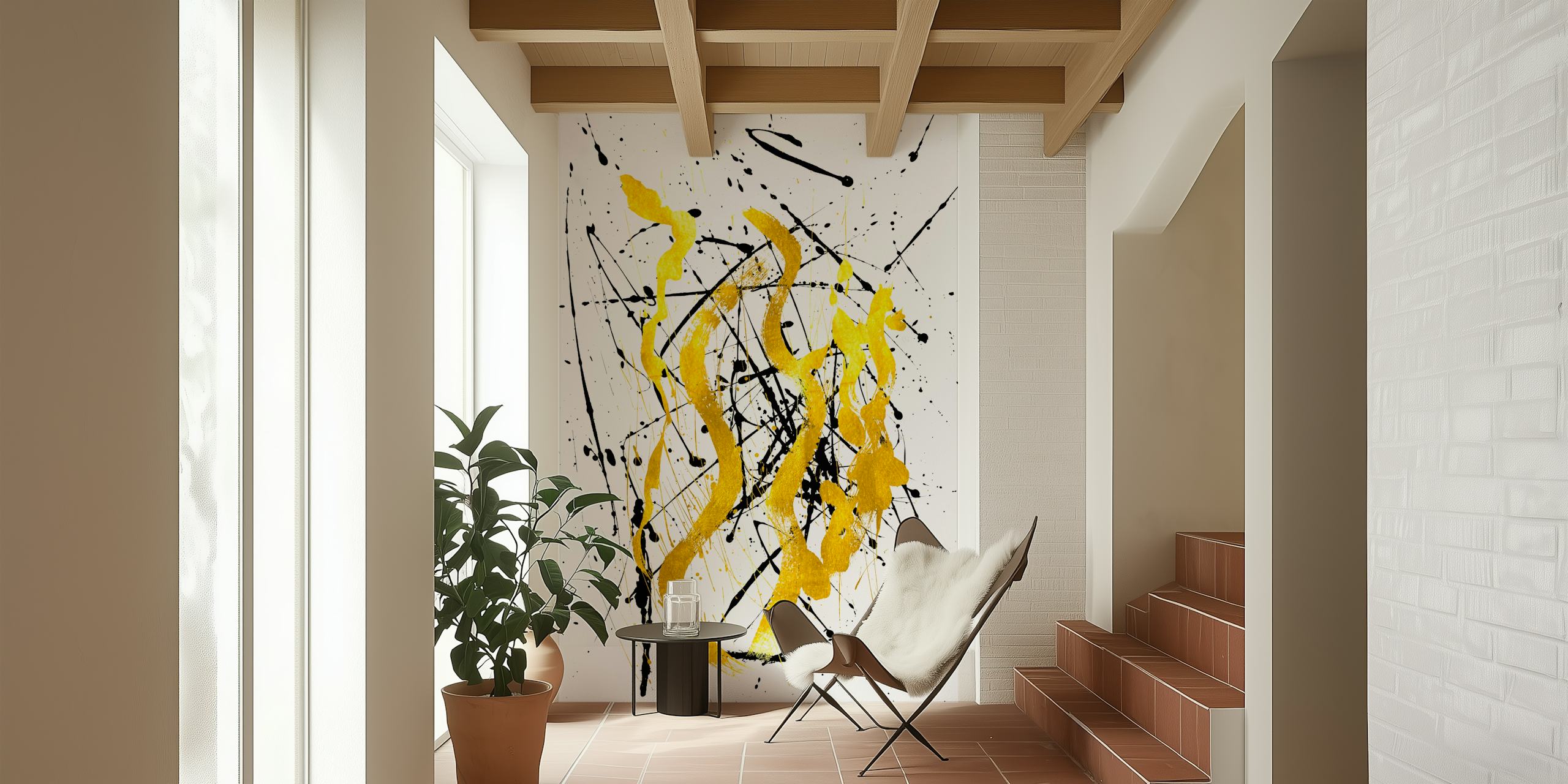 Black and Gold Abstract Strokes tapet i ett rum
