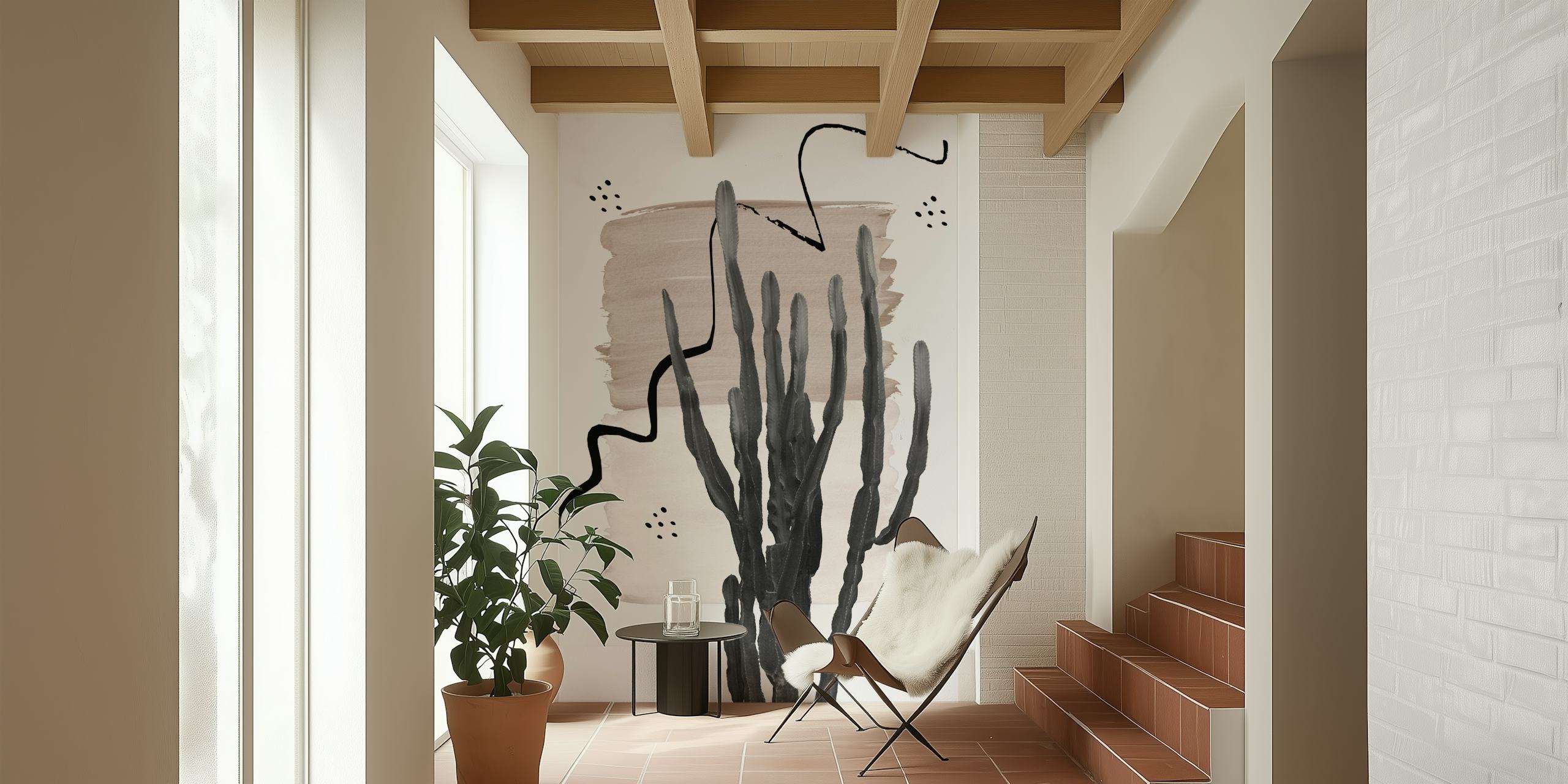 Abstract cactus design in black and beige tones on wallpaper