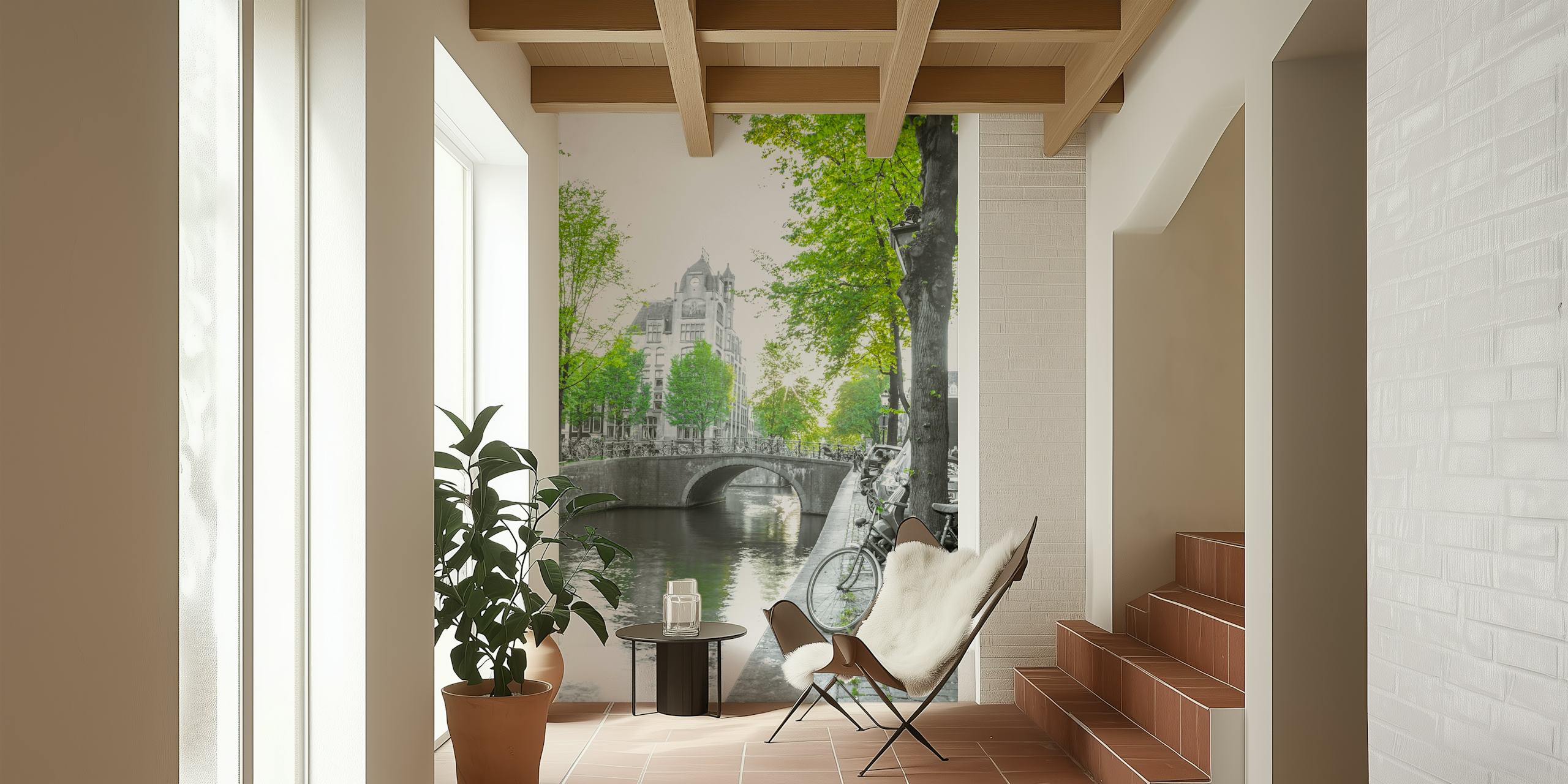 Bicycles by a canal with trees and buildings in black and white wallpaper