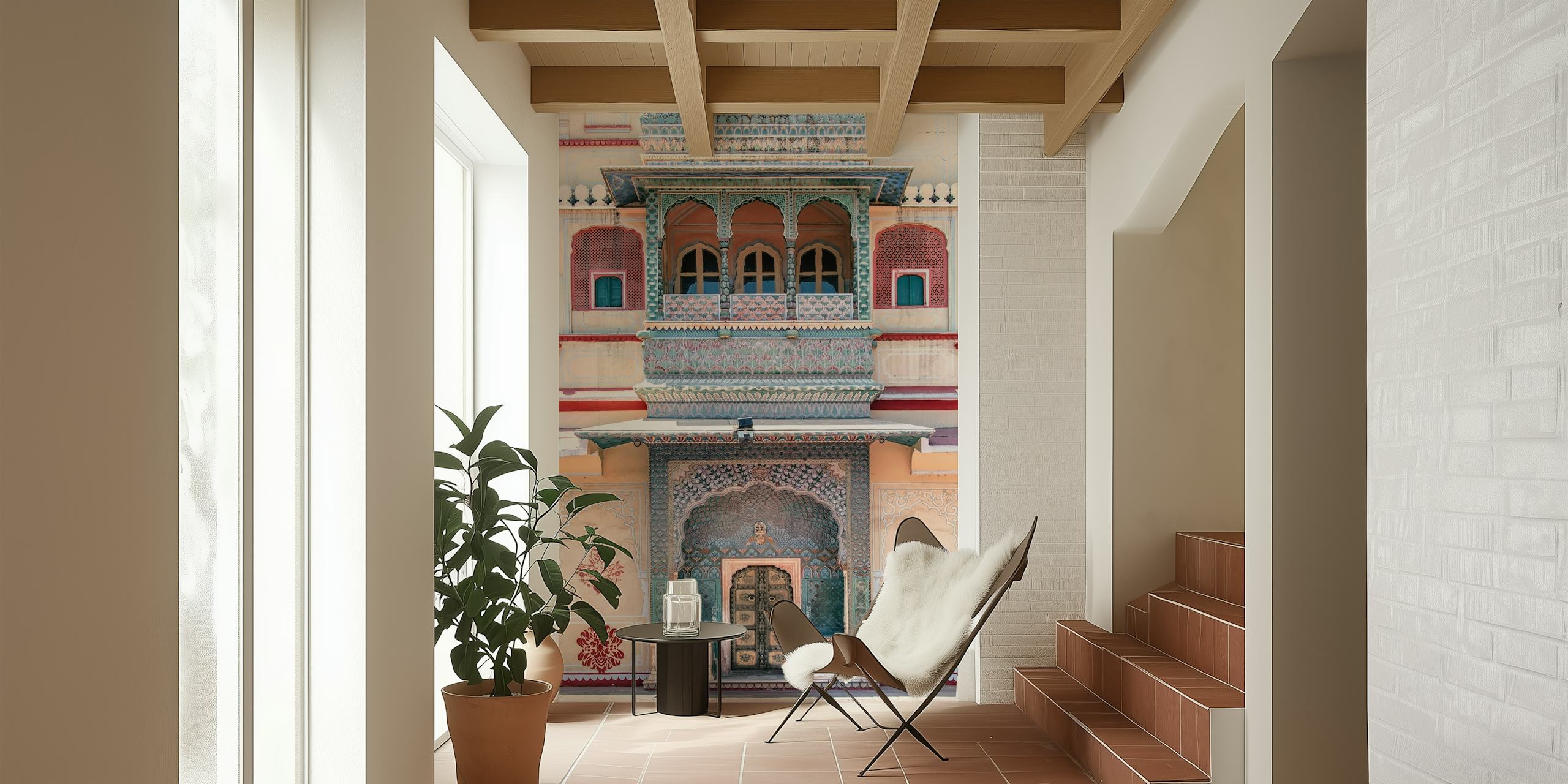 Arkitektur af City Palace-vægmaleri, der viser detaljerede balustrader, mosaikmønstre og traditionel døråbning