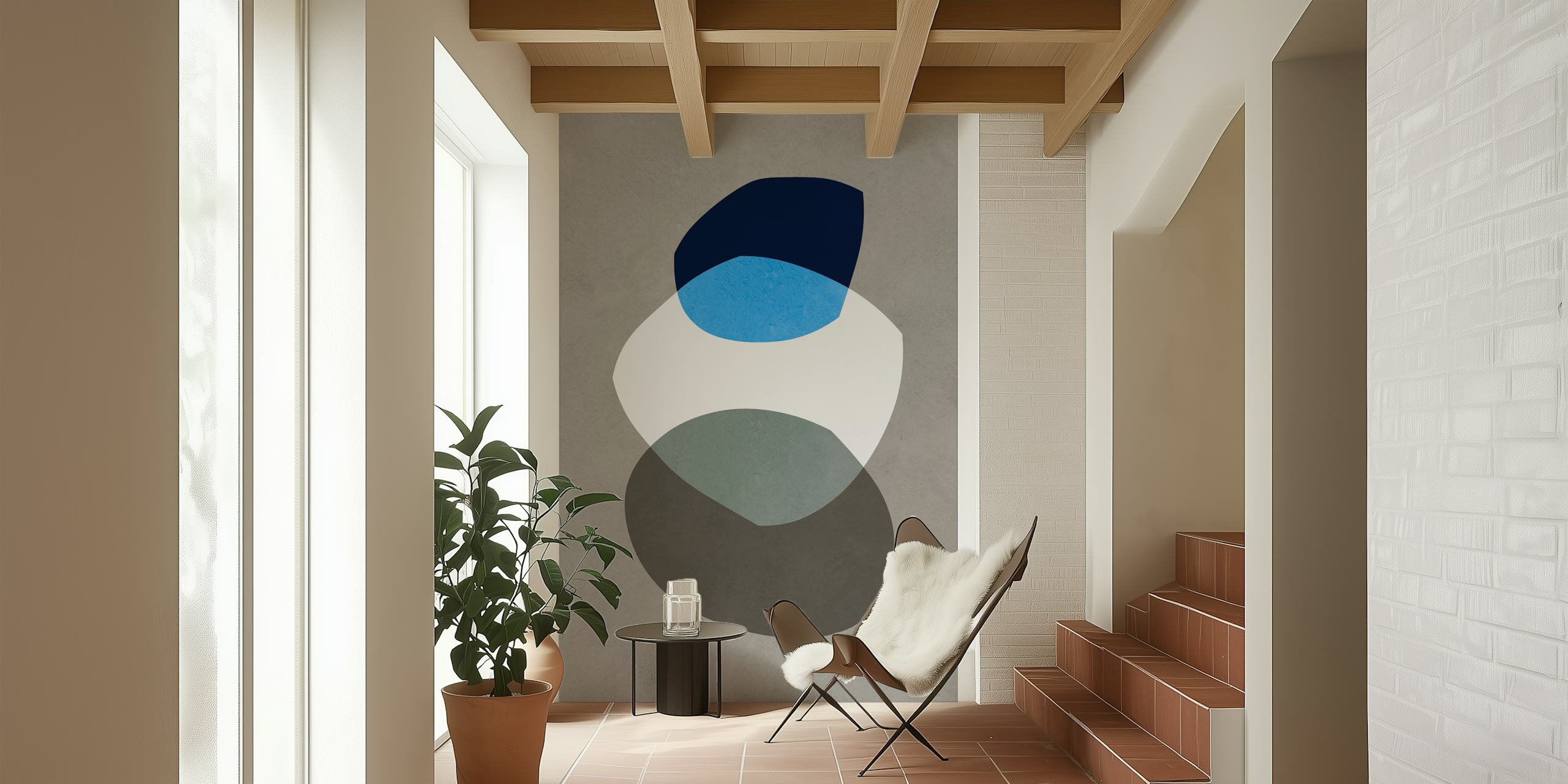 Abstract shapes in blue, gray, and white on a textured background wallpaper