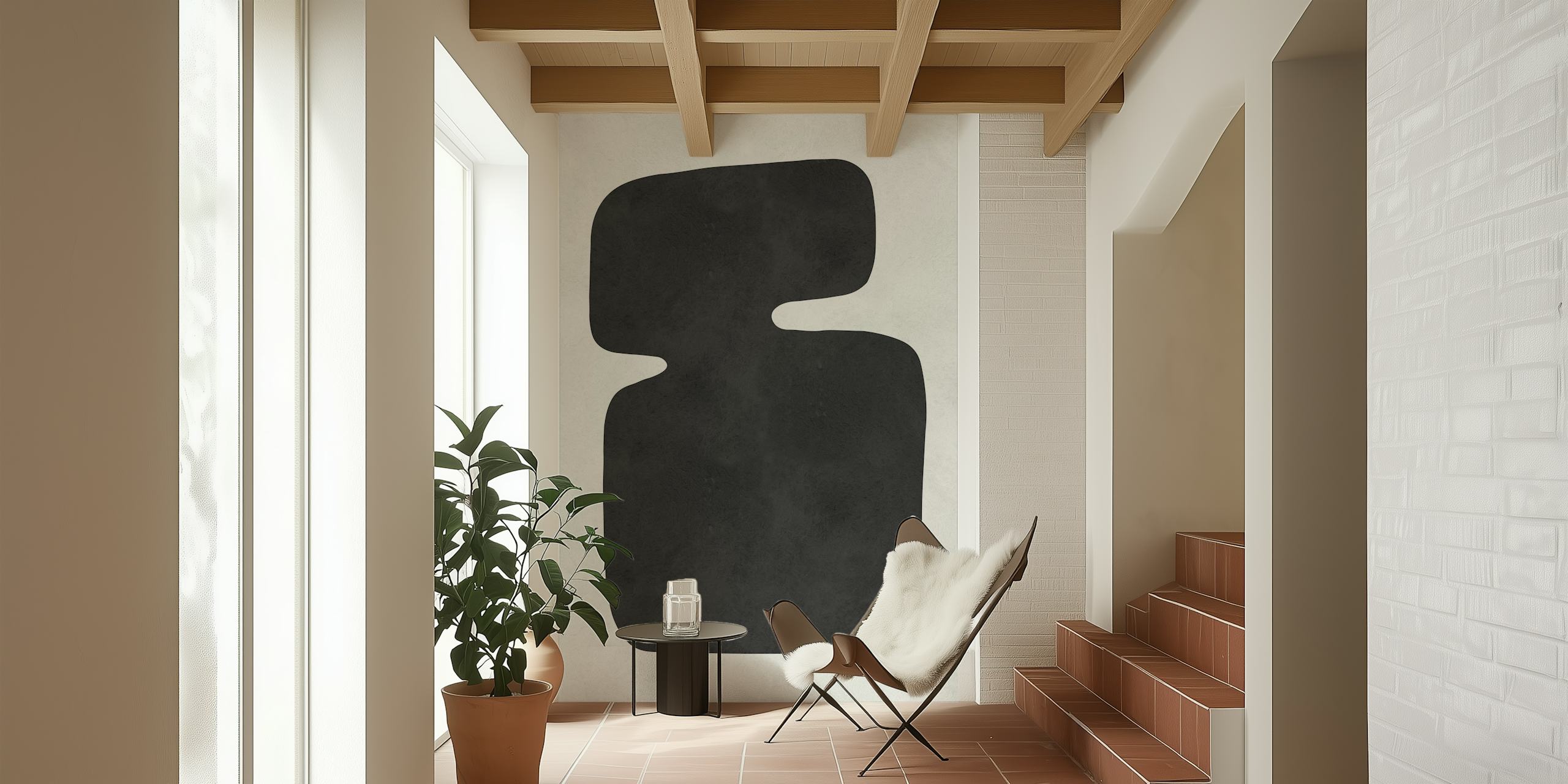 Black abstract geometric shapes on light gray wallpaper