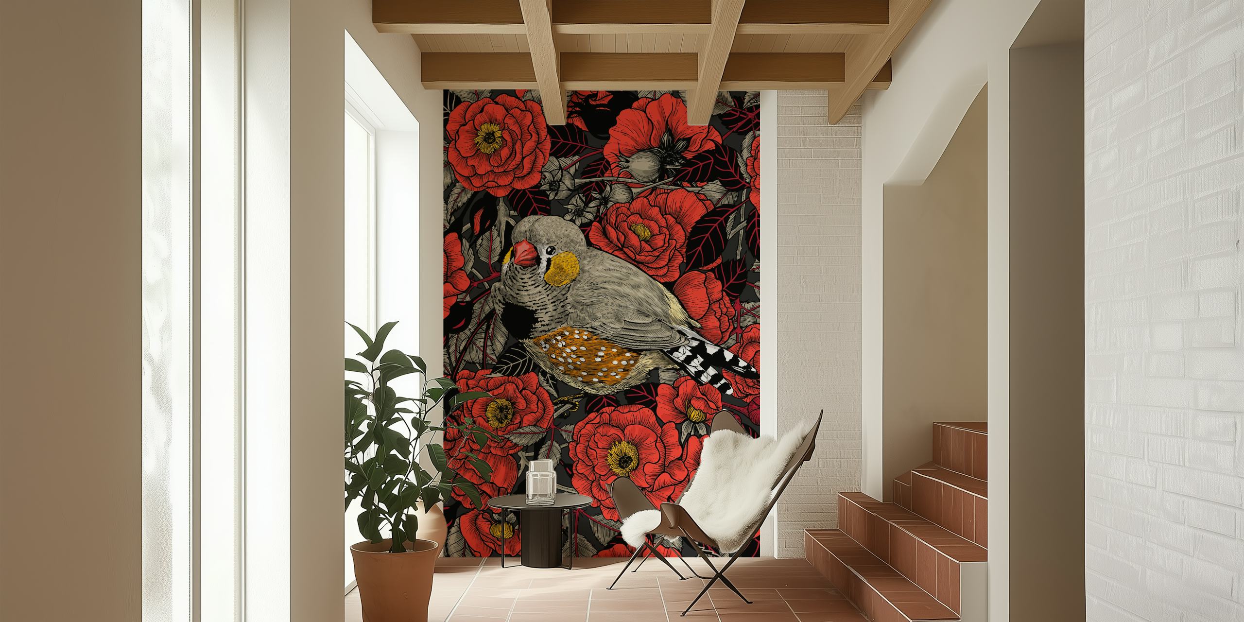 Zebra finch wallpaper with red flowers