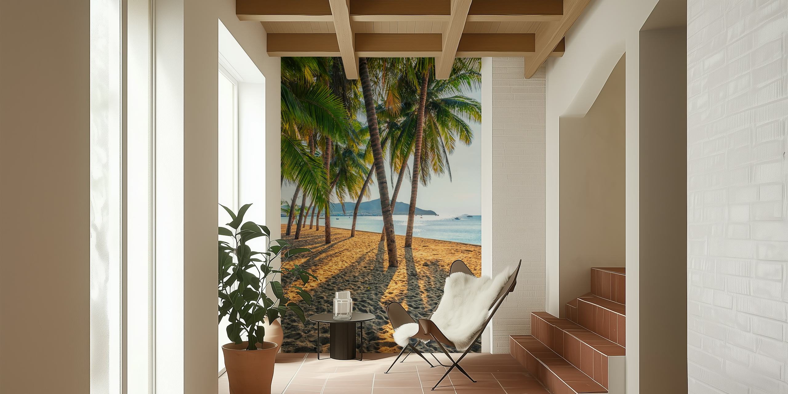 Tropisch strand fotobehang met palmbomen en uitzicht op de oceaan