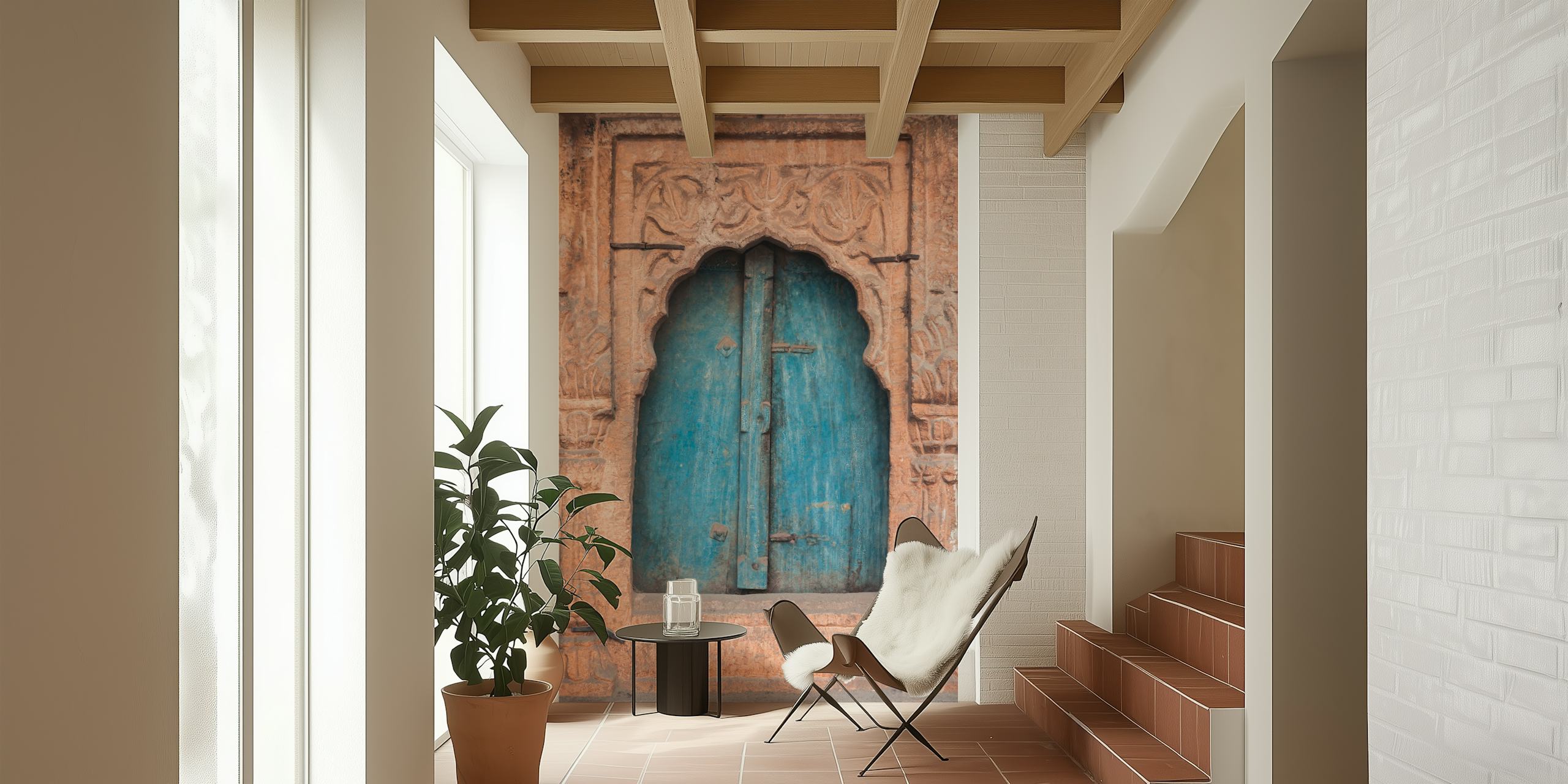 Rustic blue wooden door with ornate carved frame wall mural