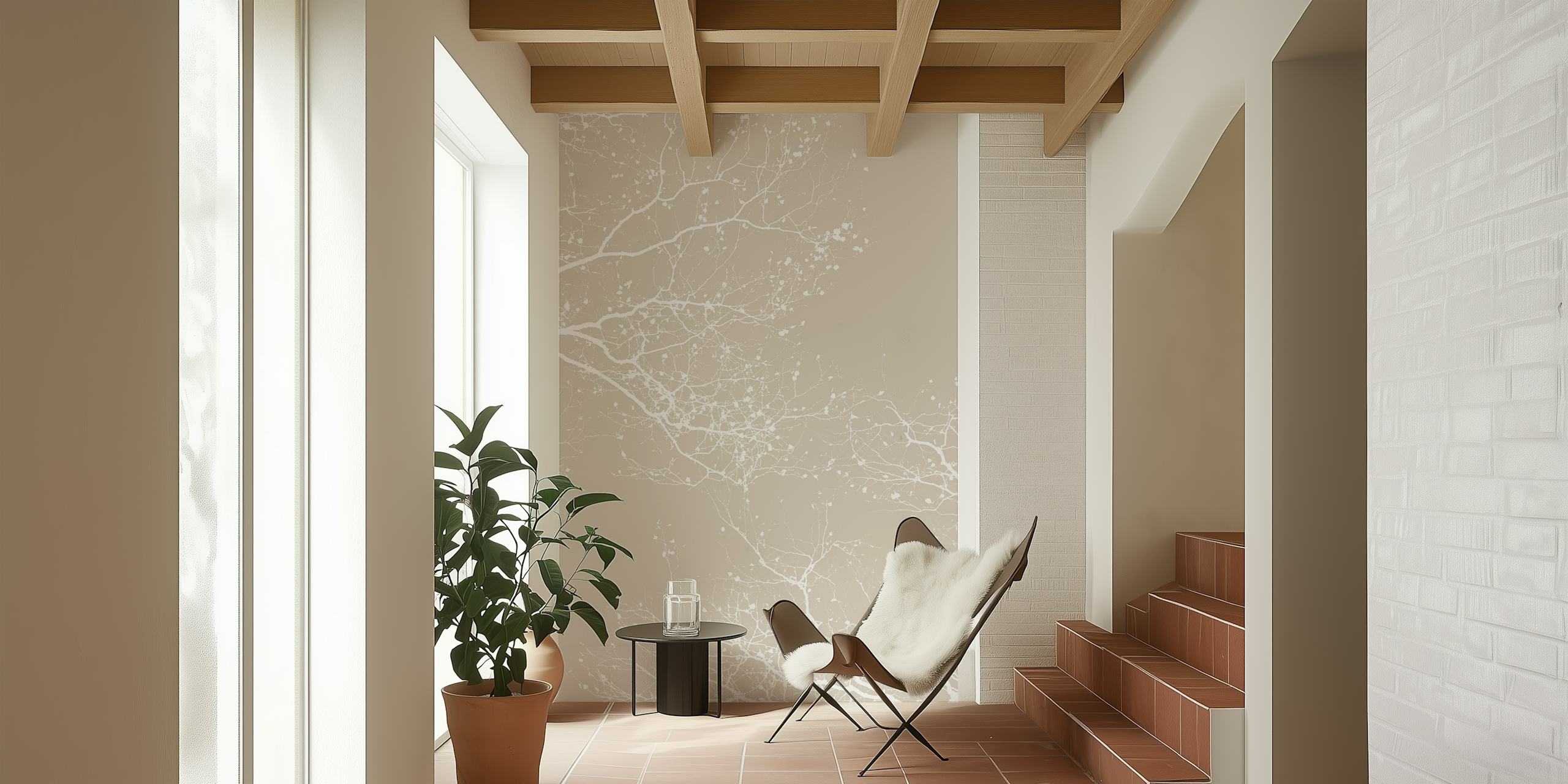 White branches on a light beige background wallpaper