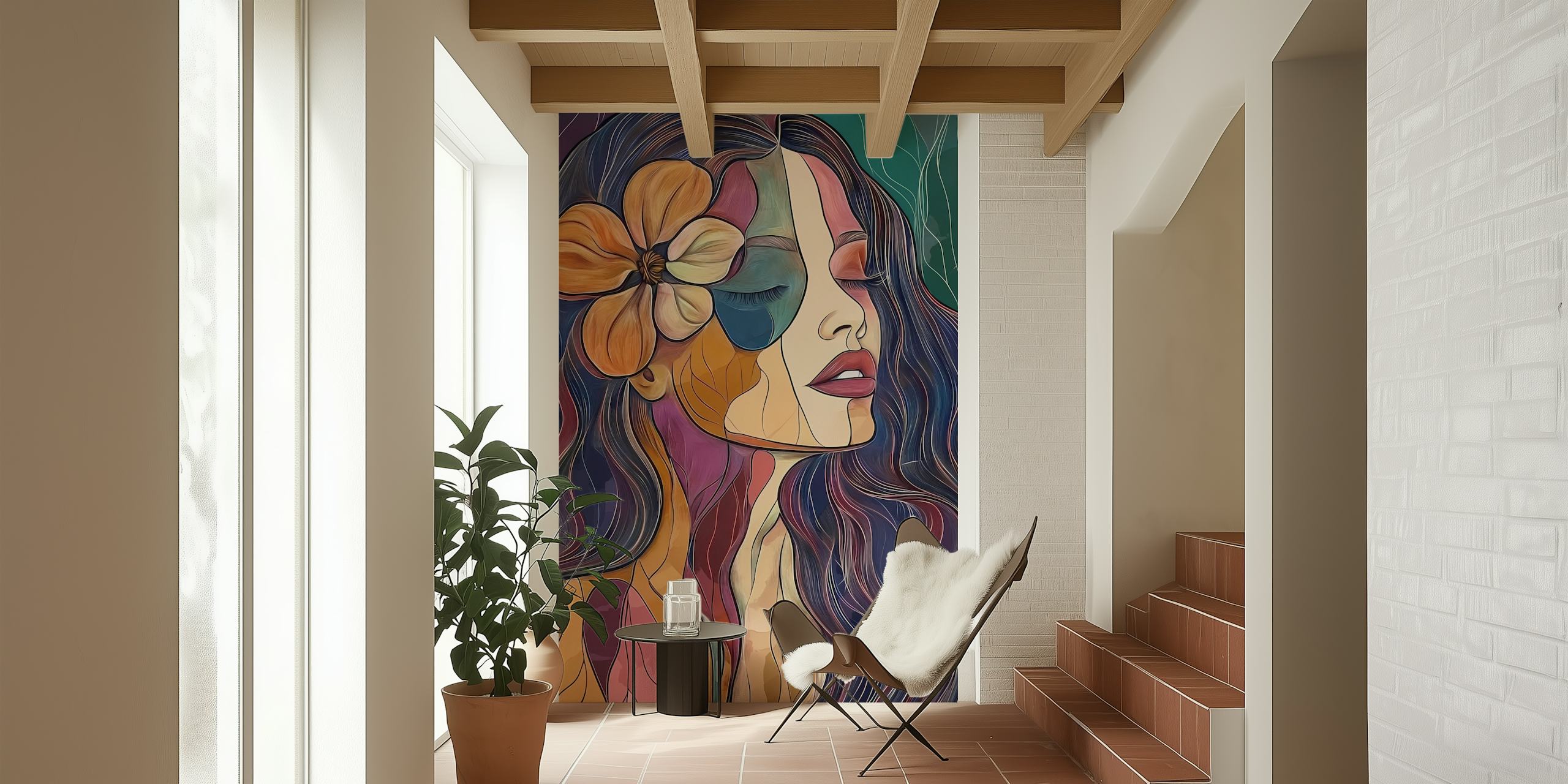 Abstract floral design with vibrant colors and wavy patterns wallpaper