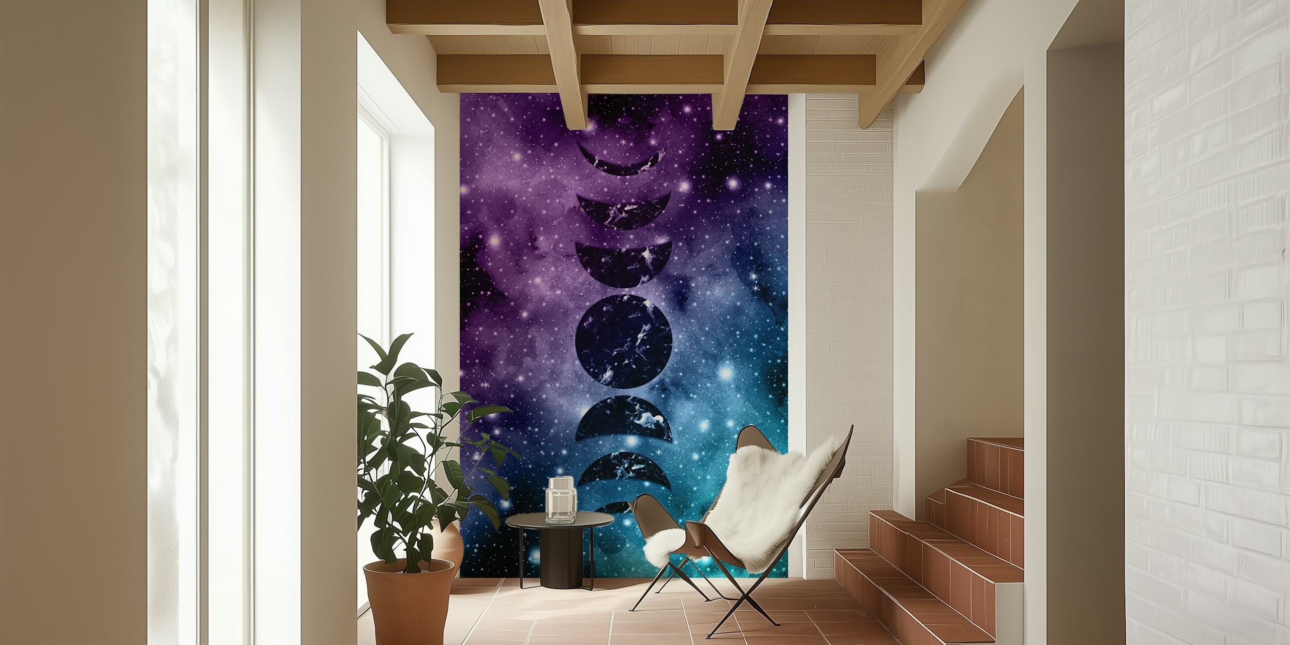 Purple and teal galaxy nebula wall mural with a cosmic design