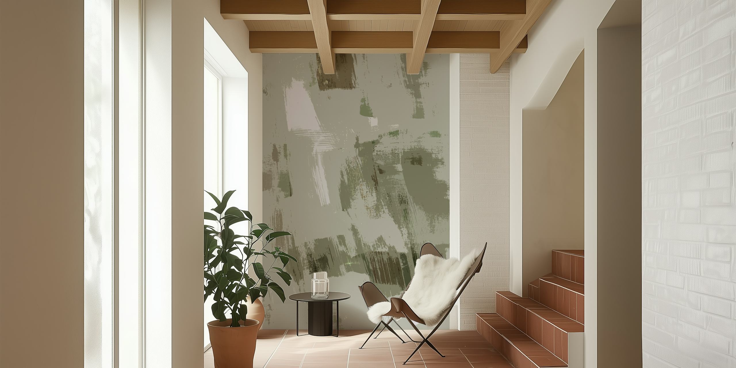 Abstract brush strokes in soft green and white colors wallpaper