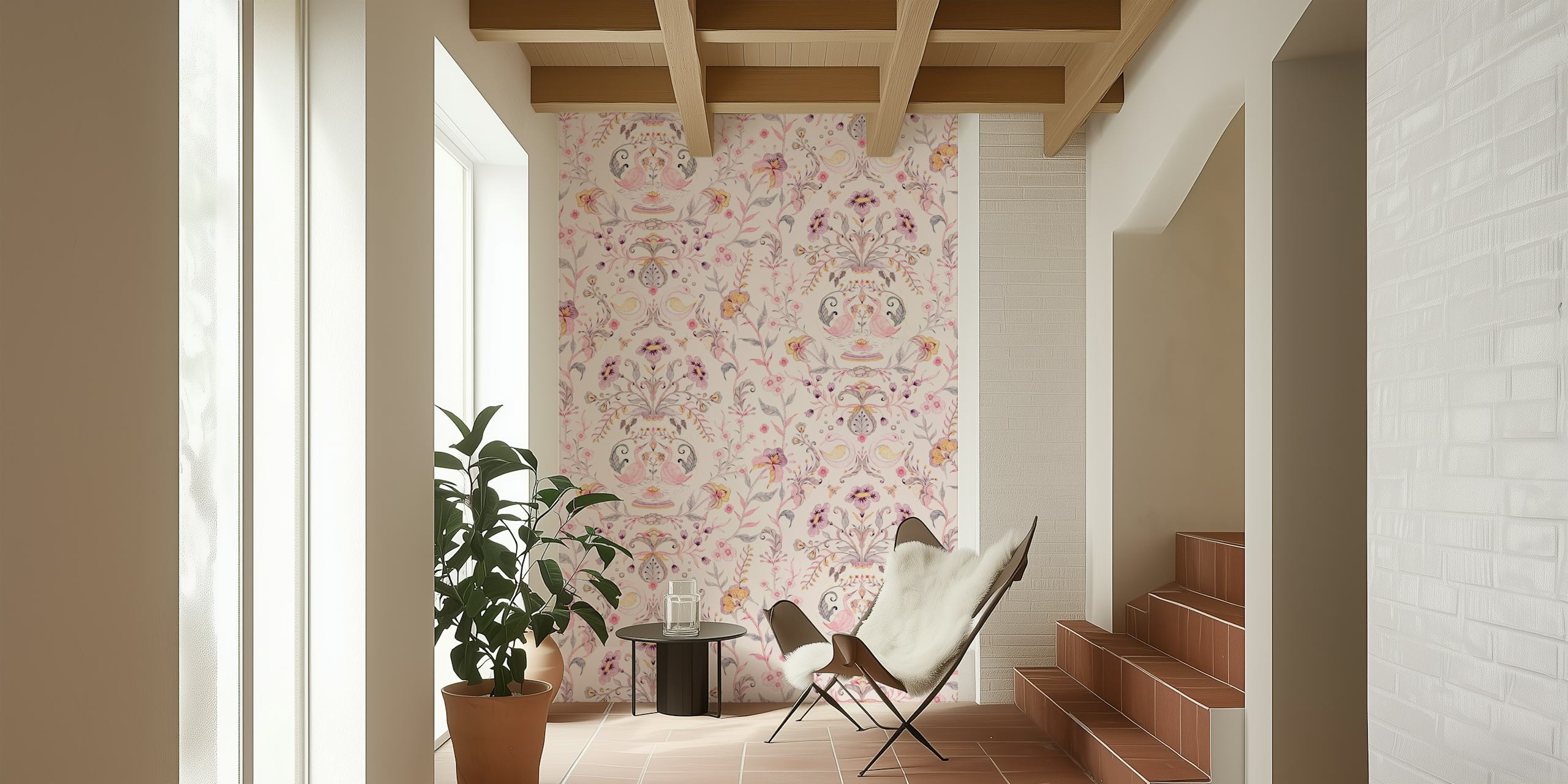Floral pattern wallpaper in a styled room
