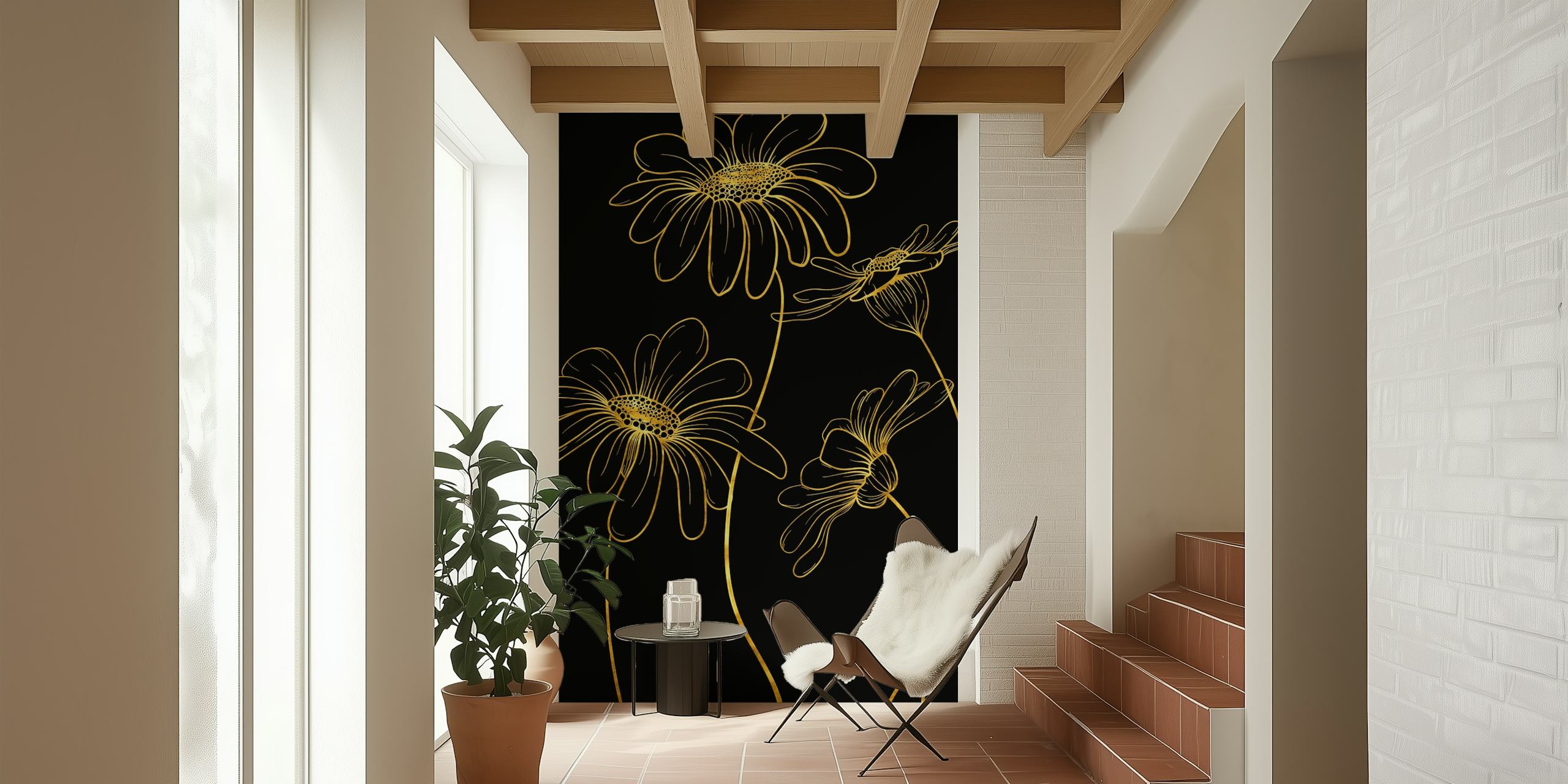 Gold daisies wallpaper in a room