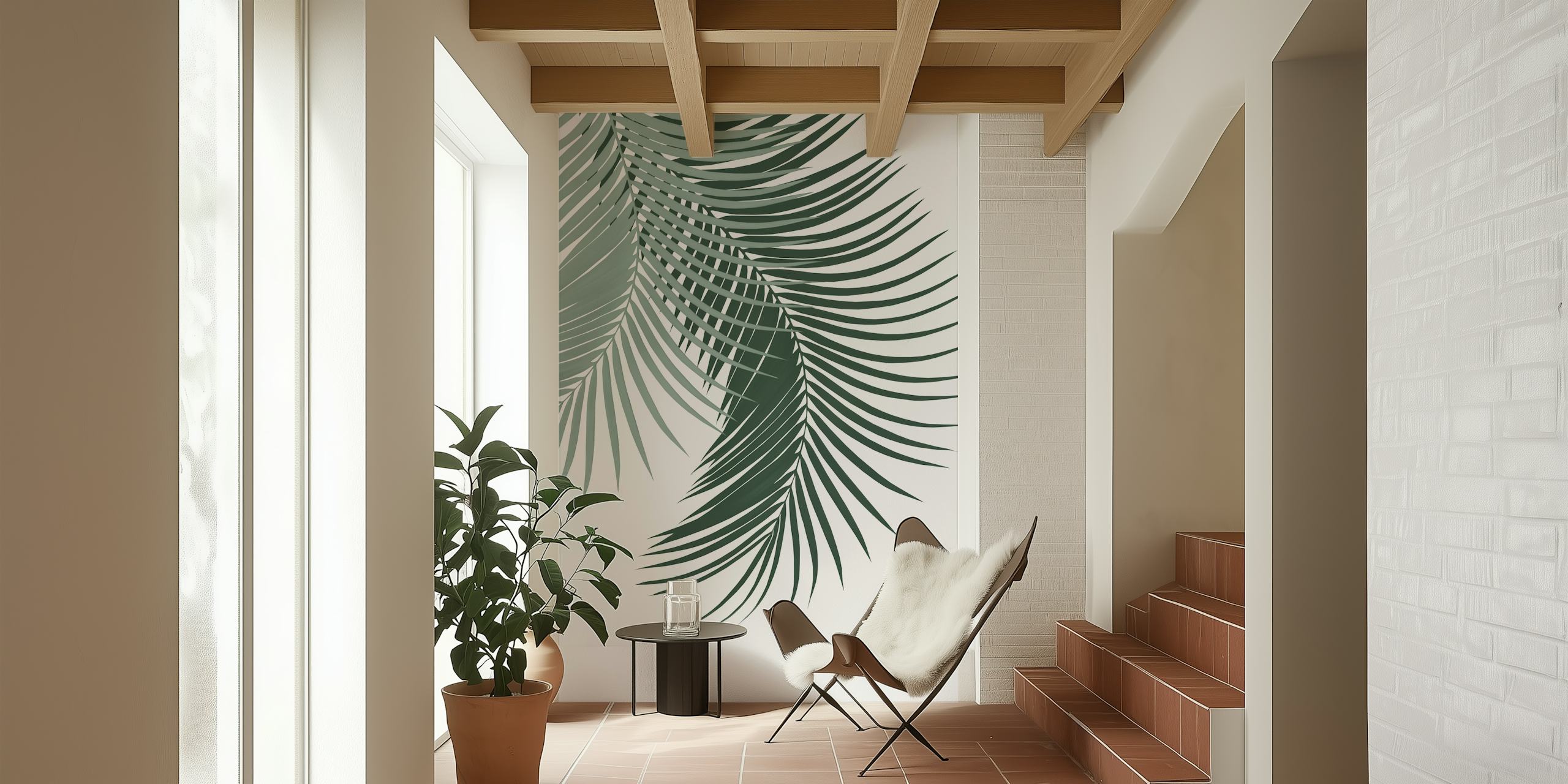 Palm Leaves Soft Dark Green 1 tapet i et rumindstilling