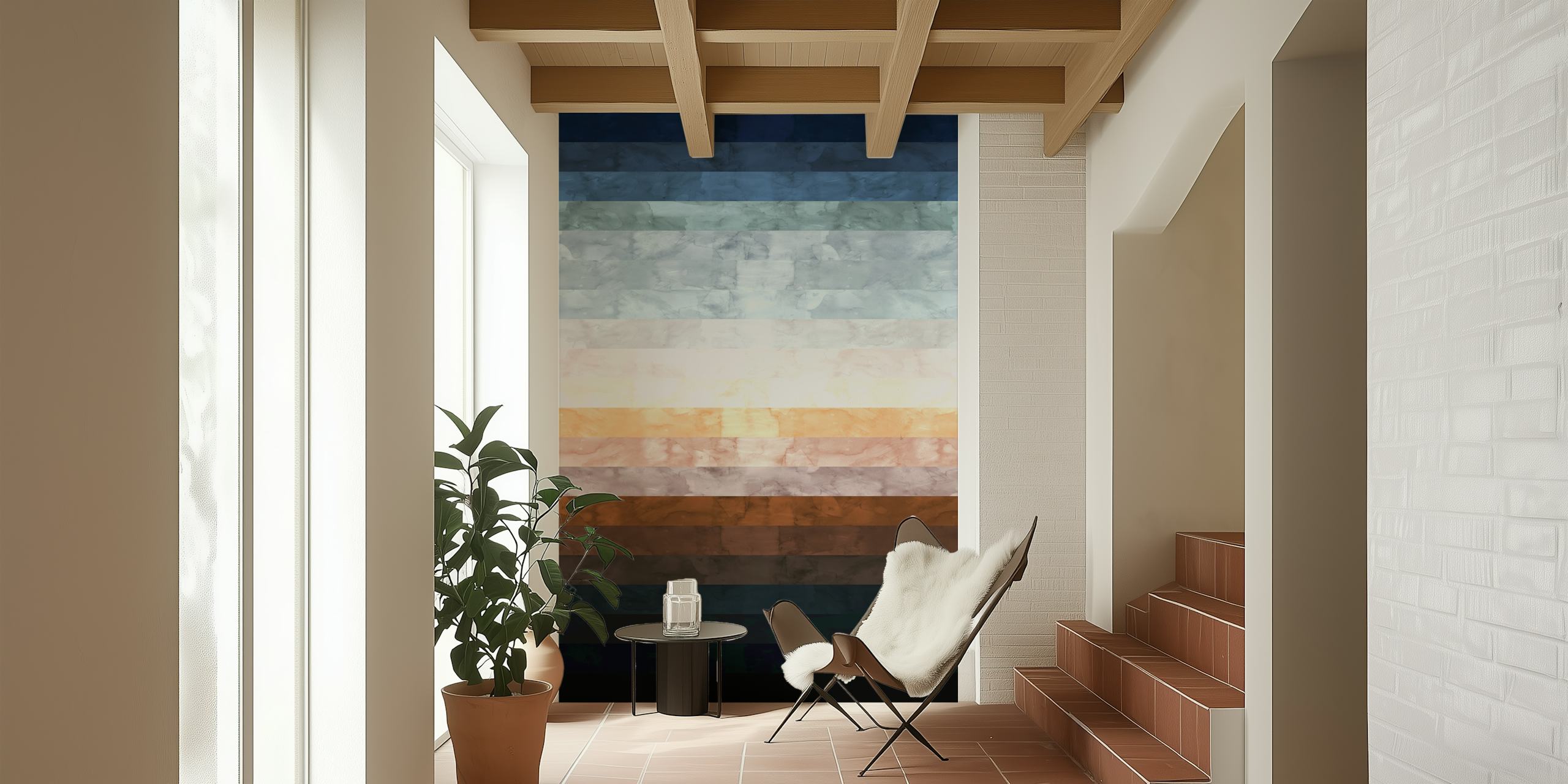 Abstract striped wallpaper in shades of blue, brown, and white
