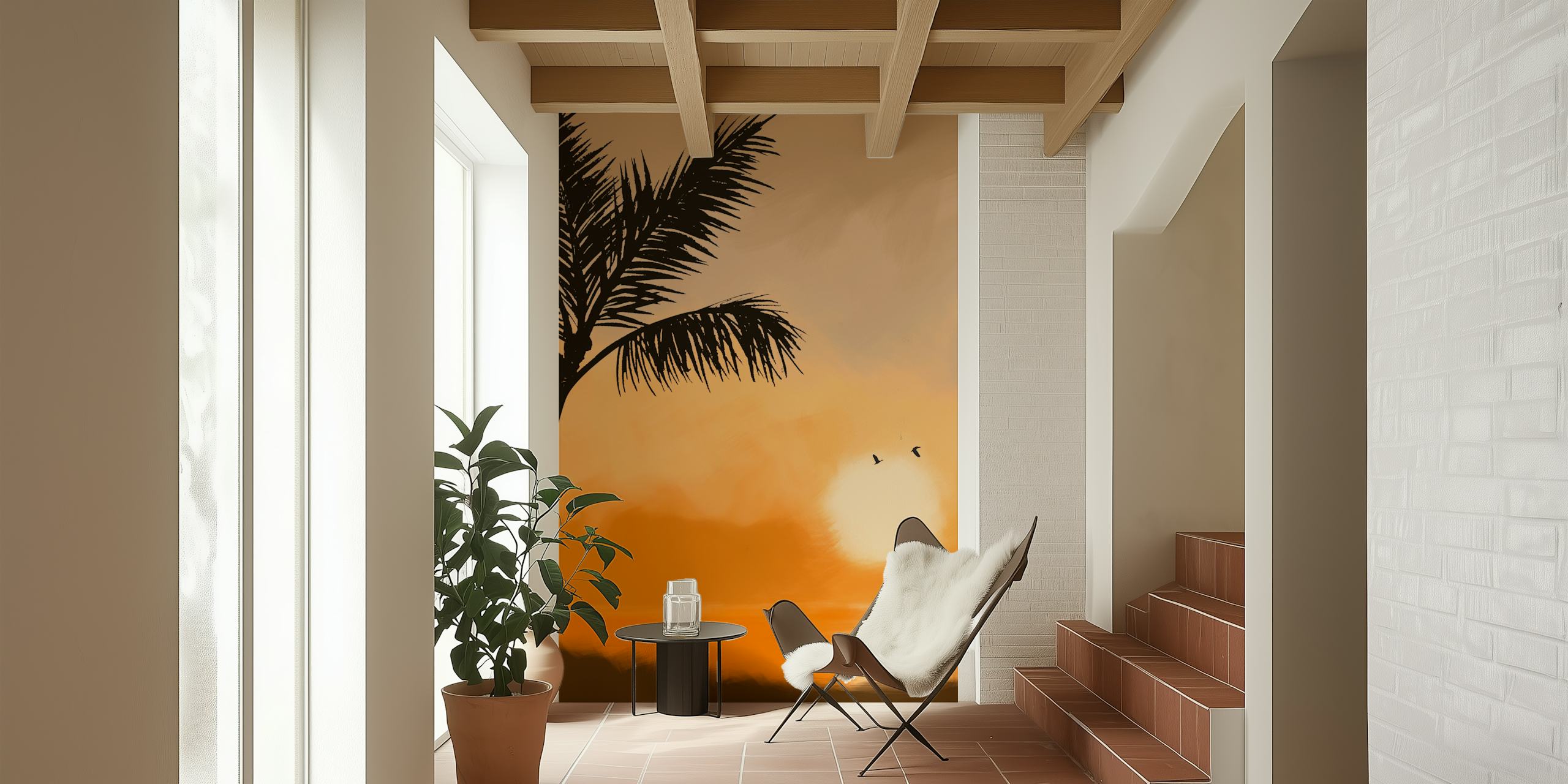 Tropical palm tree silhouette against a vibrant orange sunset wallpaper
