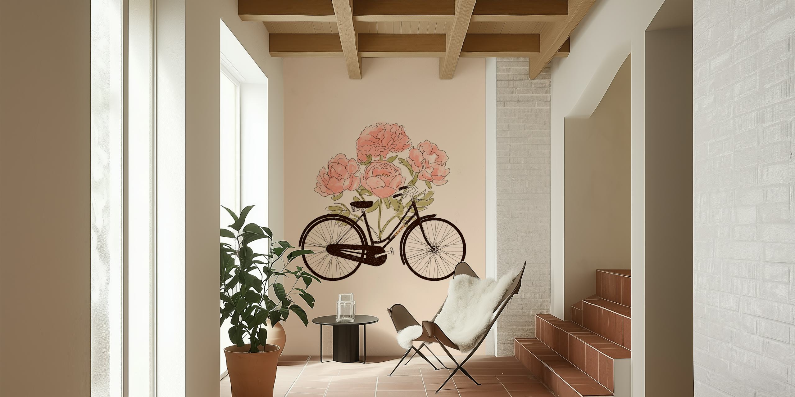 Vintage bike with pink peonies on a soft beige background wallpaper
