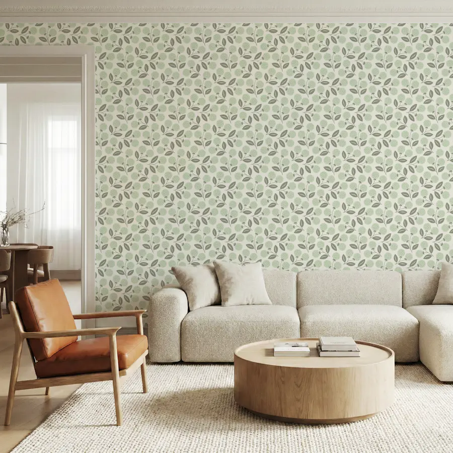 Rustic Light Green Berries tapetti huoneessa