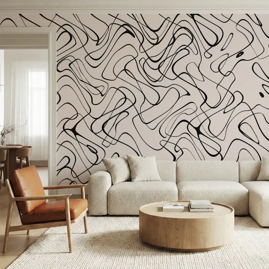 Abstract line wallpaper in a beige room
