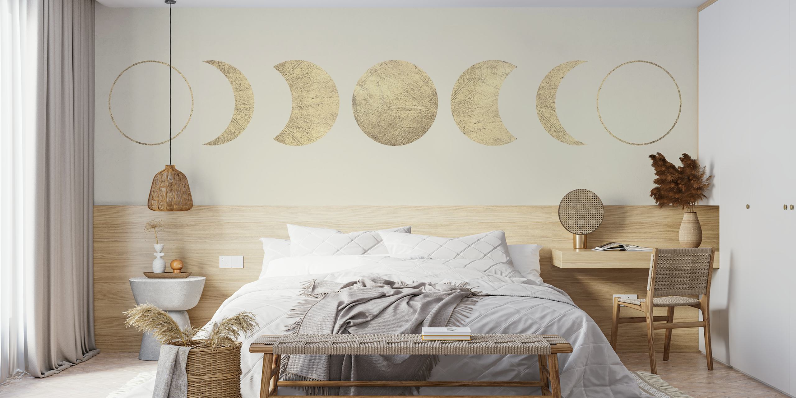 Gold moon phases design on a soft beige background wallpaper