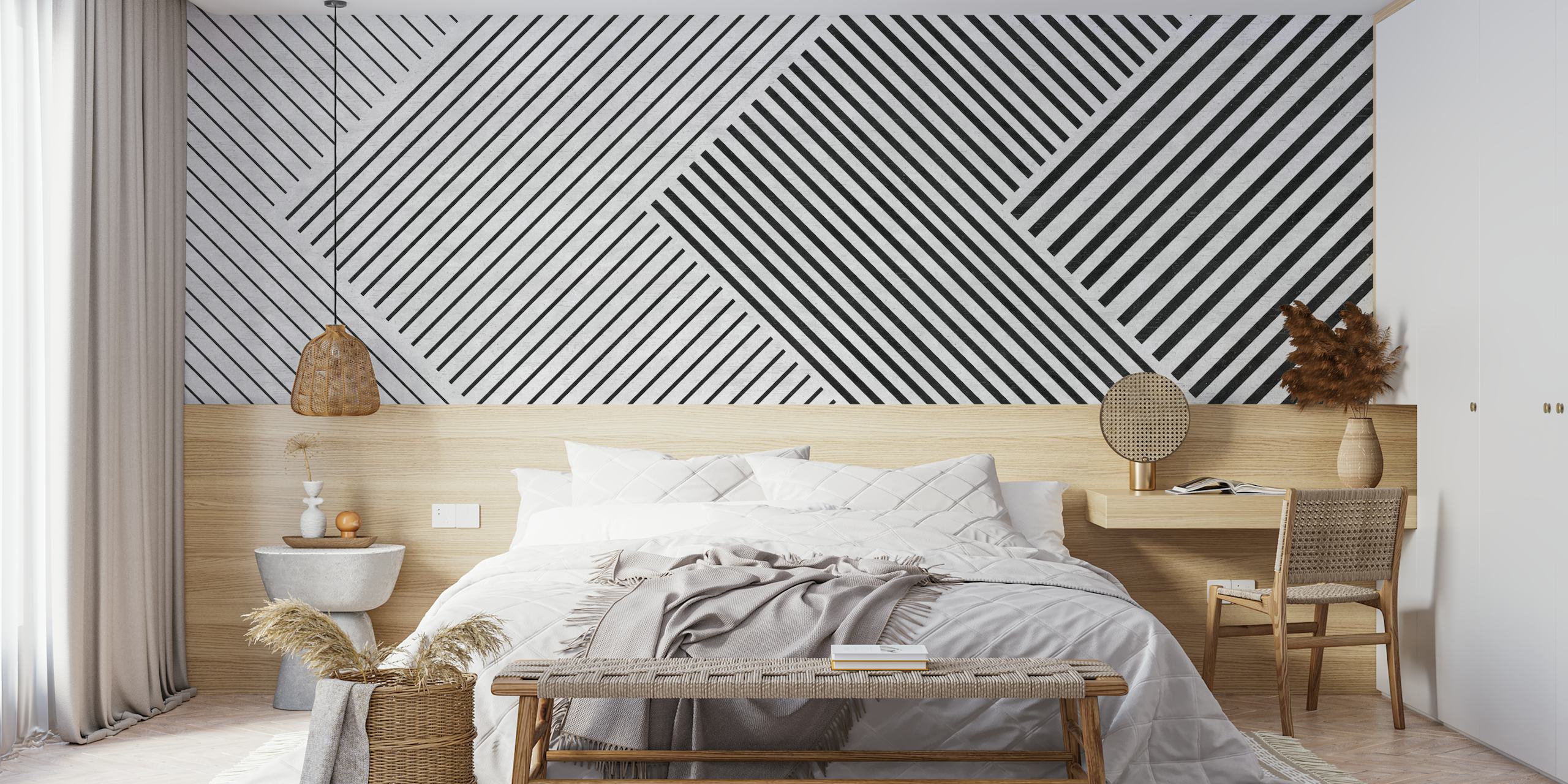 Black and white striped geometric pattern wallpaper