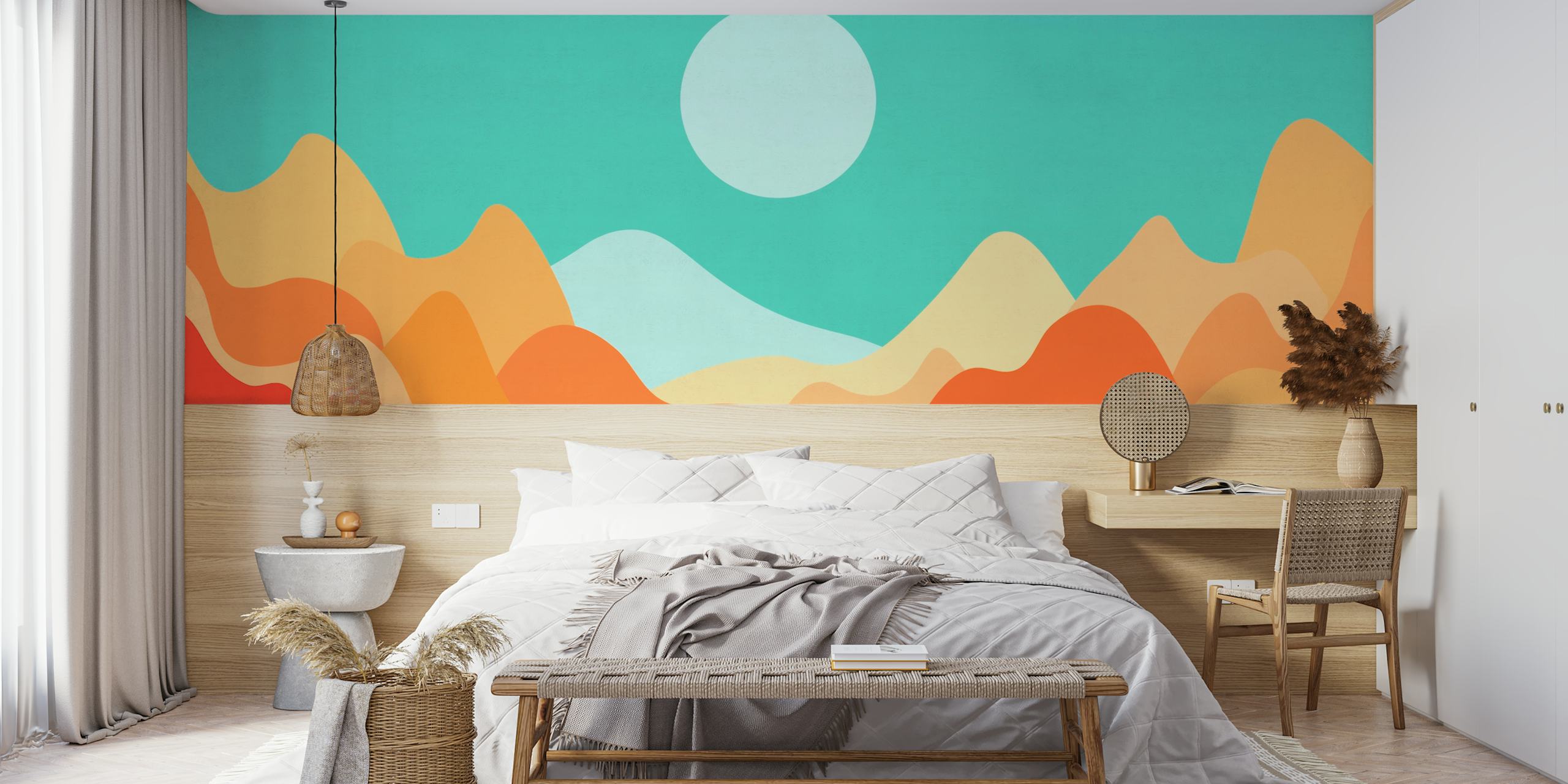 Colorful abstract mountain landscape wallpaper with a sun