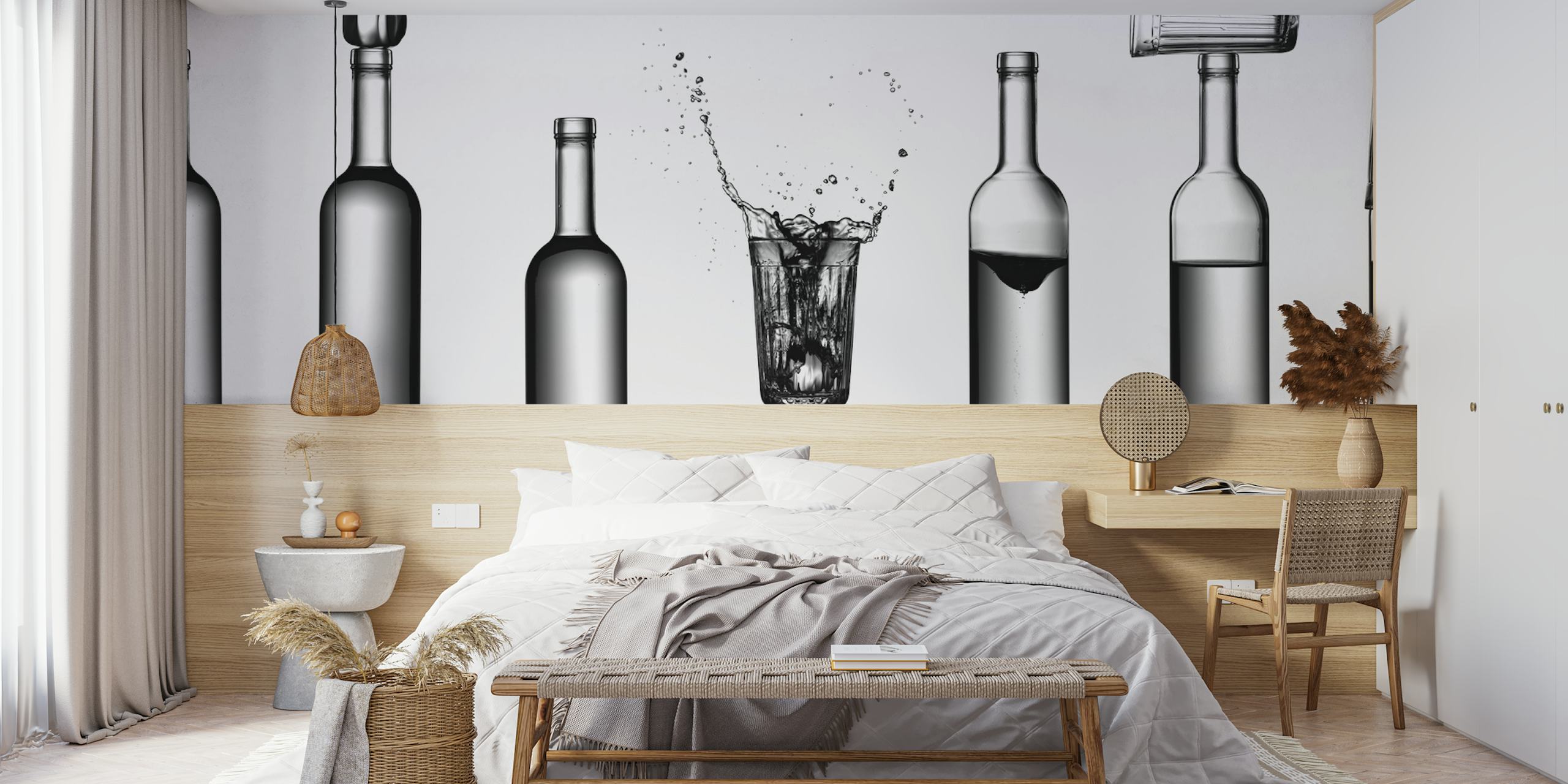 Transparent bottles with splashing water on a gray background wallpaper