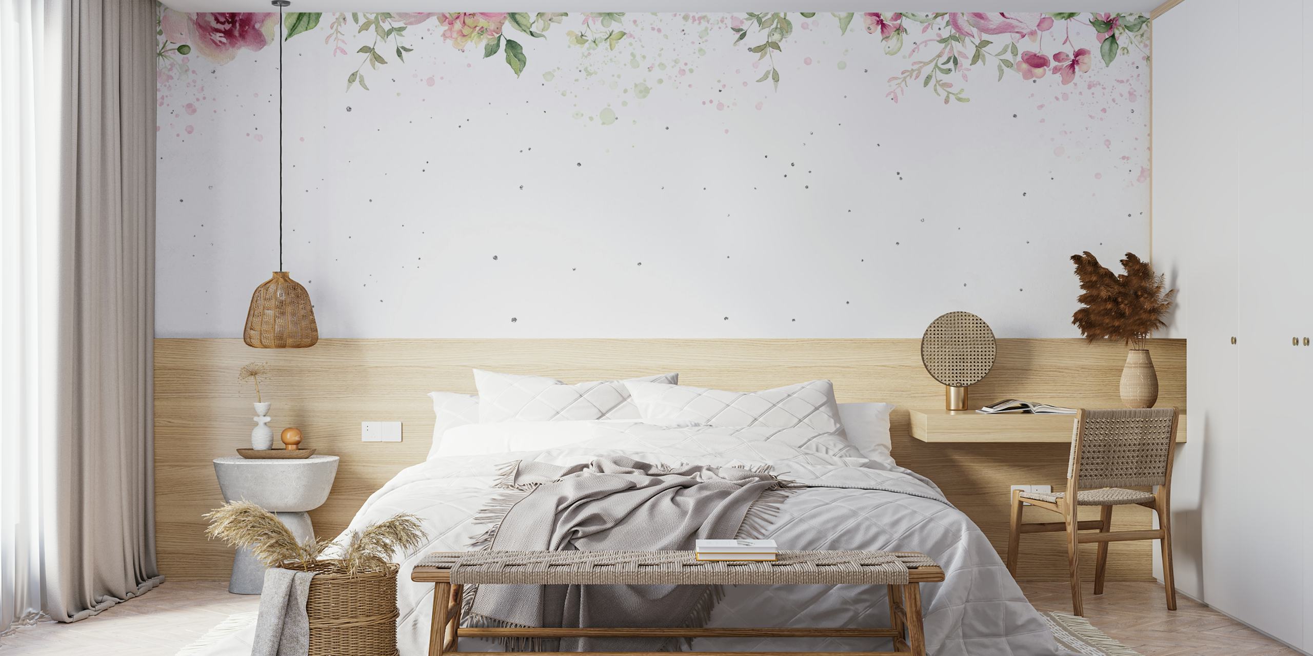 Watercolor roses and leaves in pink and green tones wallpaper