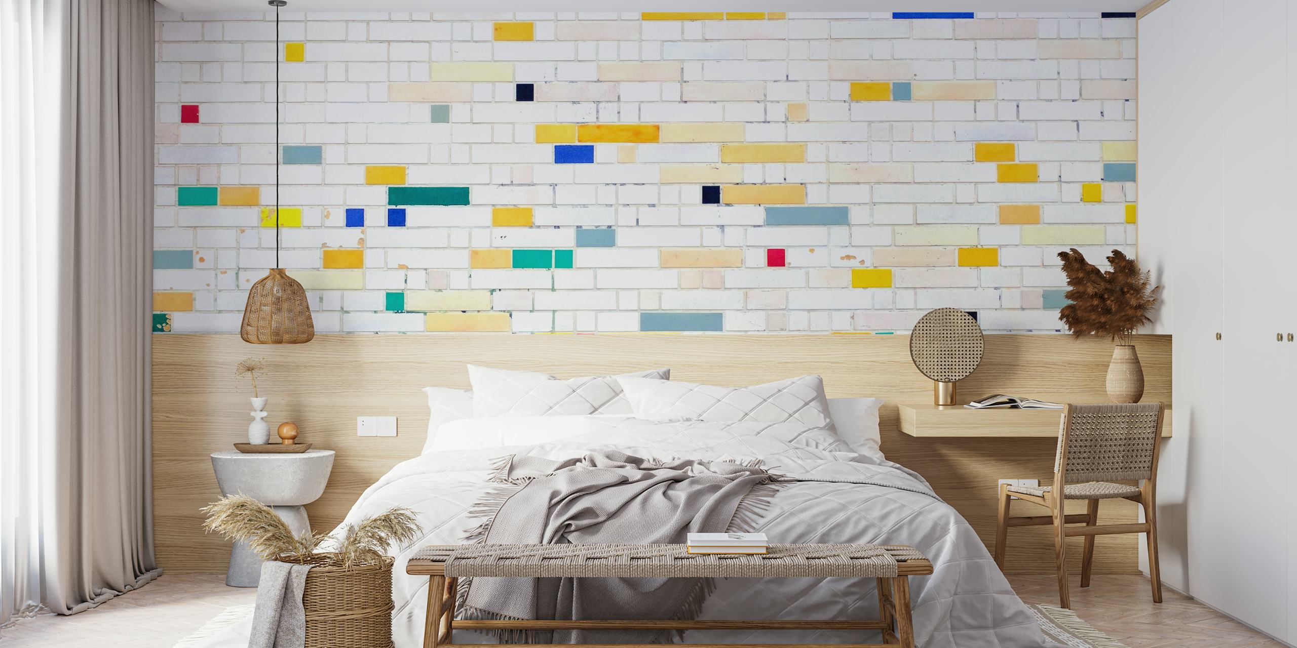 White mosaic wallpaper with colorful square accents in blue, red, yellow, and green.