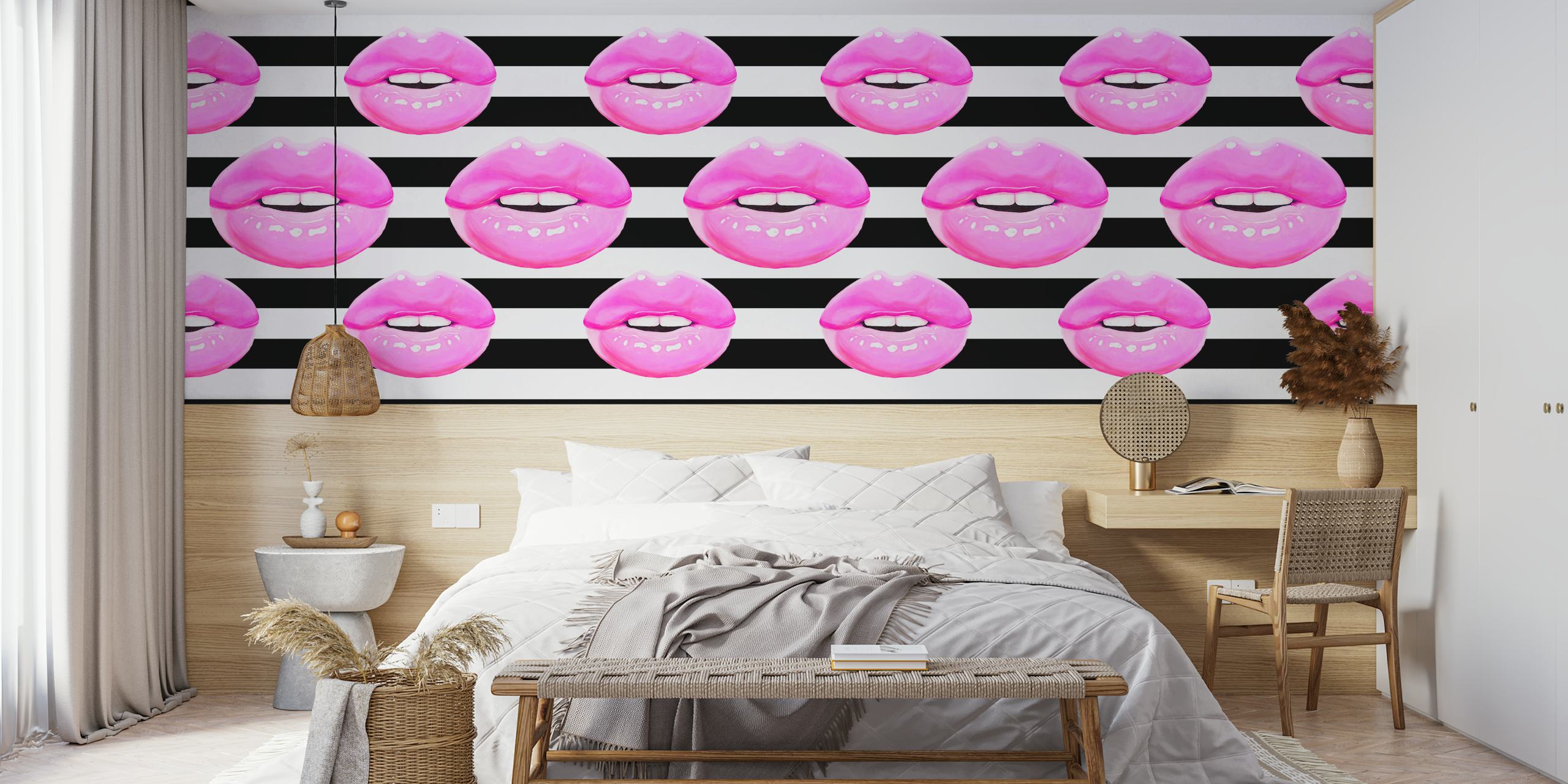 Bold pink lips on black and white striped wallpaper