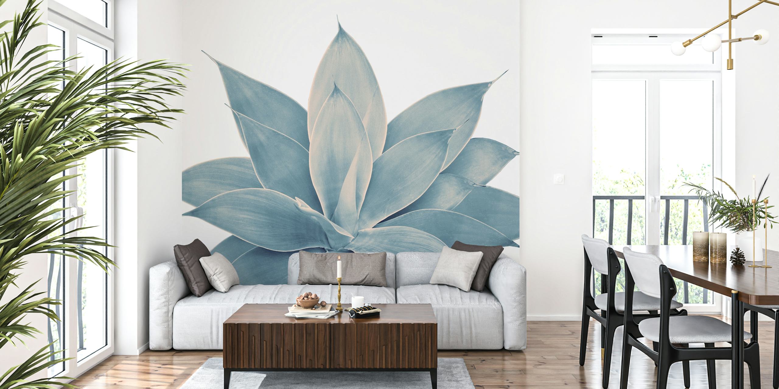 Minimalistisches Wandgemälde mit errötender blauer Agavenpflanze