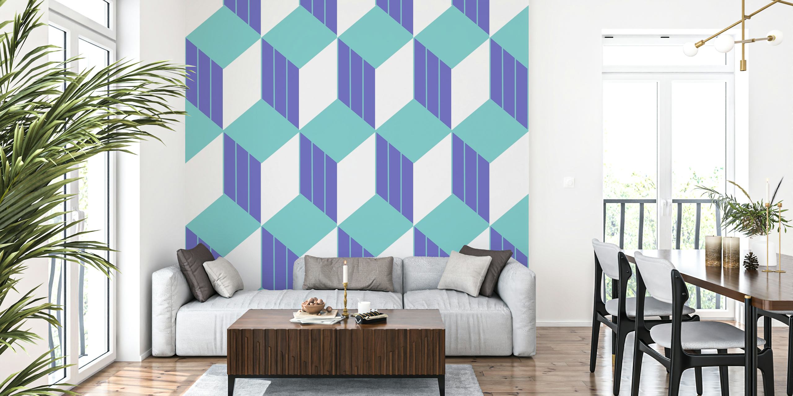 Retro cube 60 purple turquoise wallpaper in a room