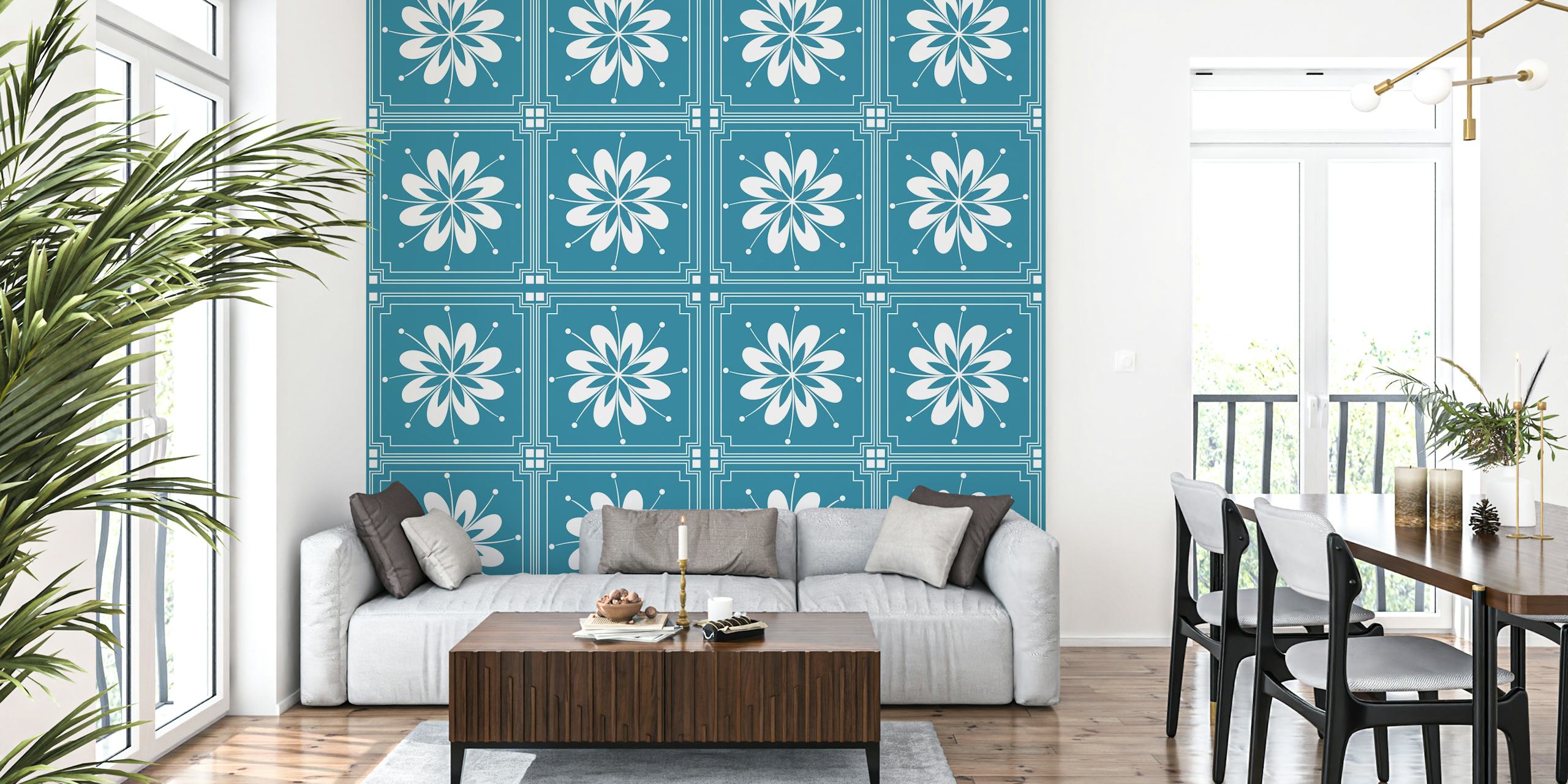 Floral Pattern behang in donker tealblauw