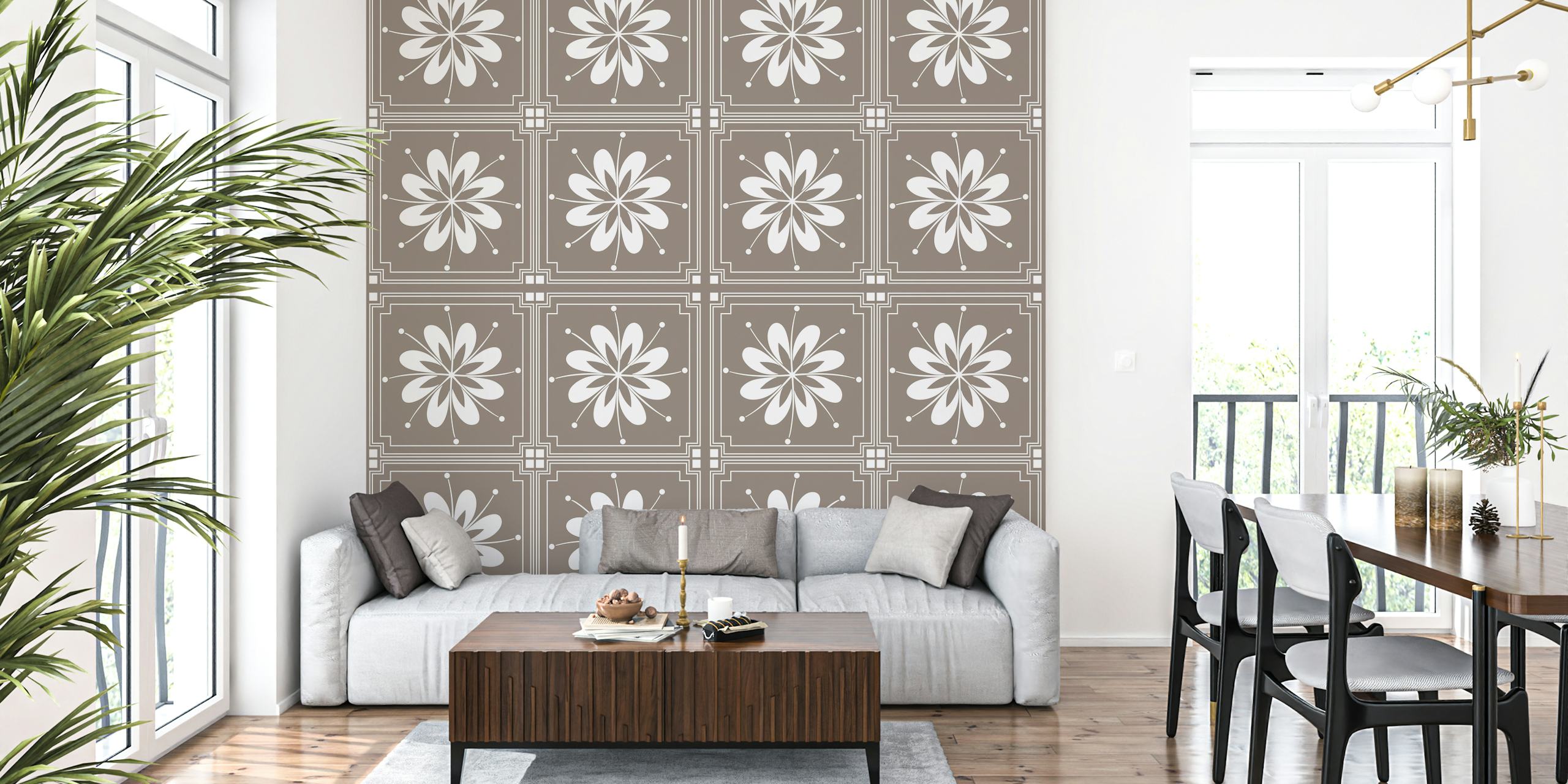 Talavera Taupe Beige Floral wallpaper in a room