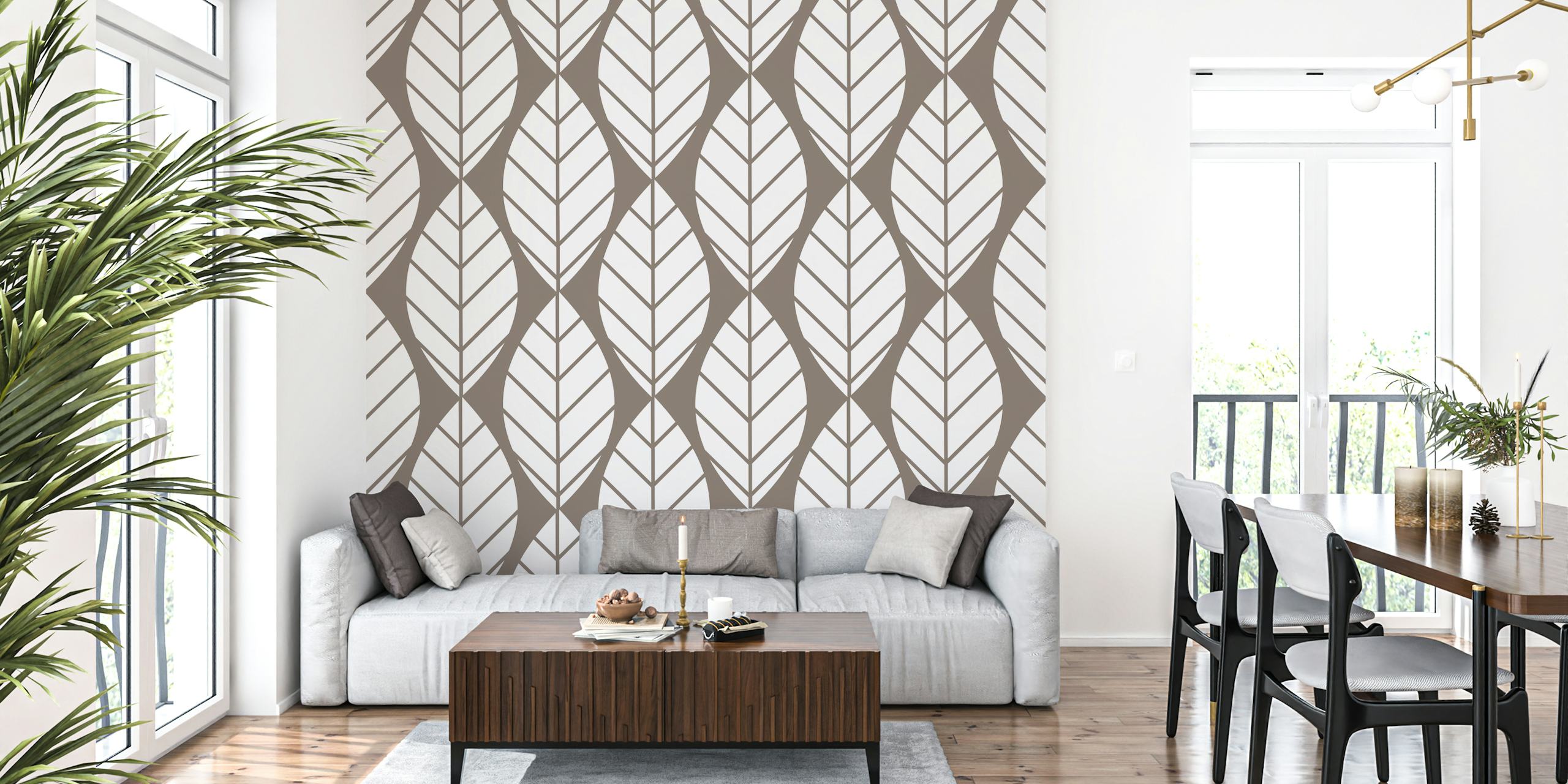 Retro mod Taupe White Leaves wallpaper design